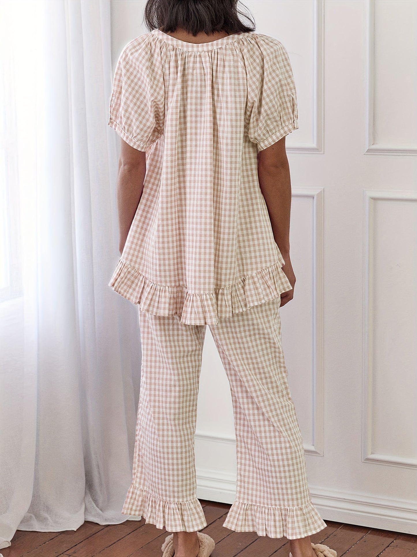 Womens 2pcs Pajama Set Short Sleeve Plaid Print Button Up Shirt + Ruffle Pants Set Sleepwear Loungewear
