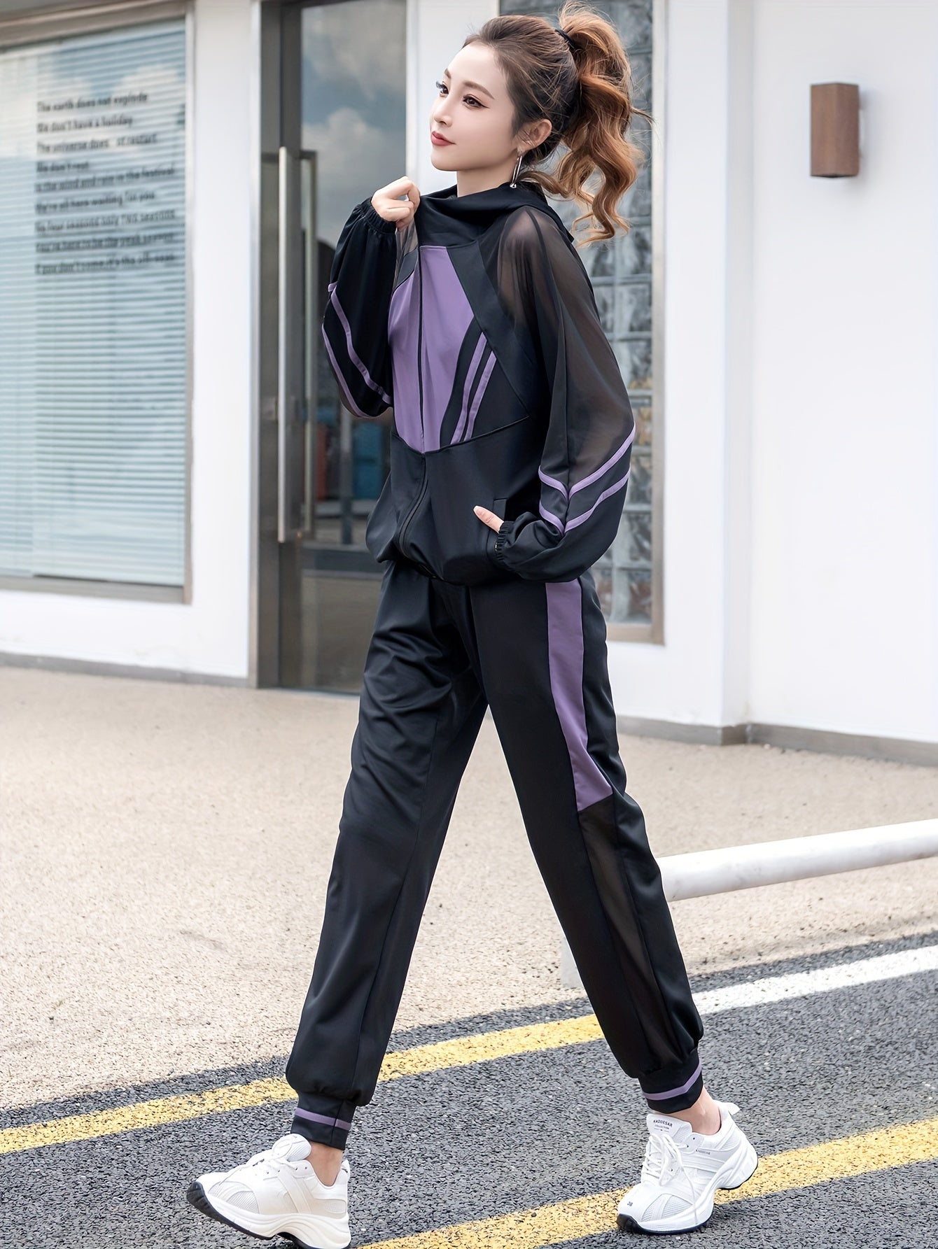 Women's Loose Casual Sportswear Set with Hooded Top, Mesh Patchwork Long Sleeve Jacket and Pants Two-Piece