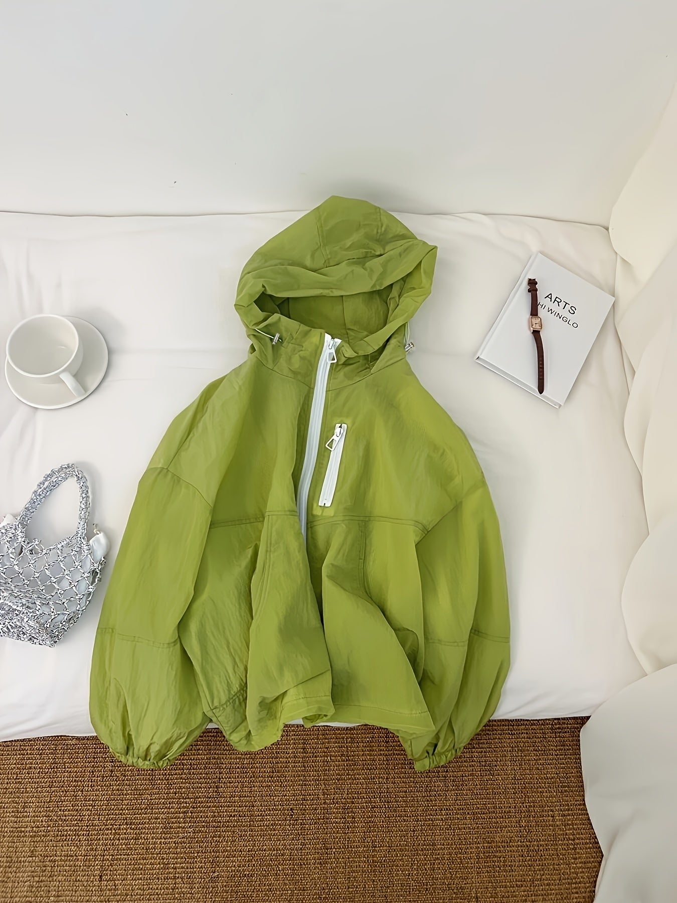 Women's Lightweight Breathable Hooded Jacket - Spring Summer Casual Outdoor Coat with Zipper Closure, Durable Non-Stretch Fabric, Vibrant Green, Machine Washable, Hooded Sun Protective Jacket, Drop Shoulder Design