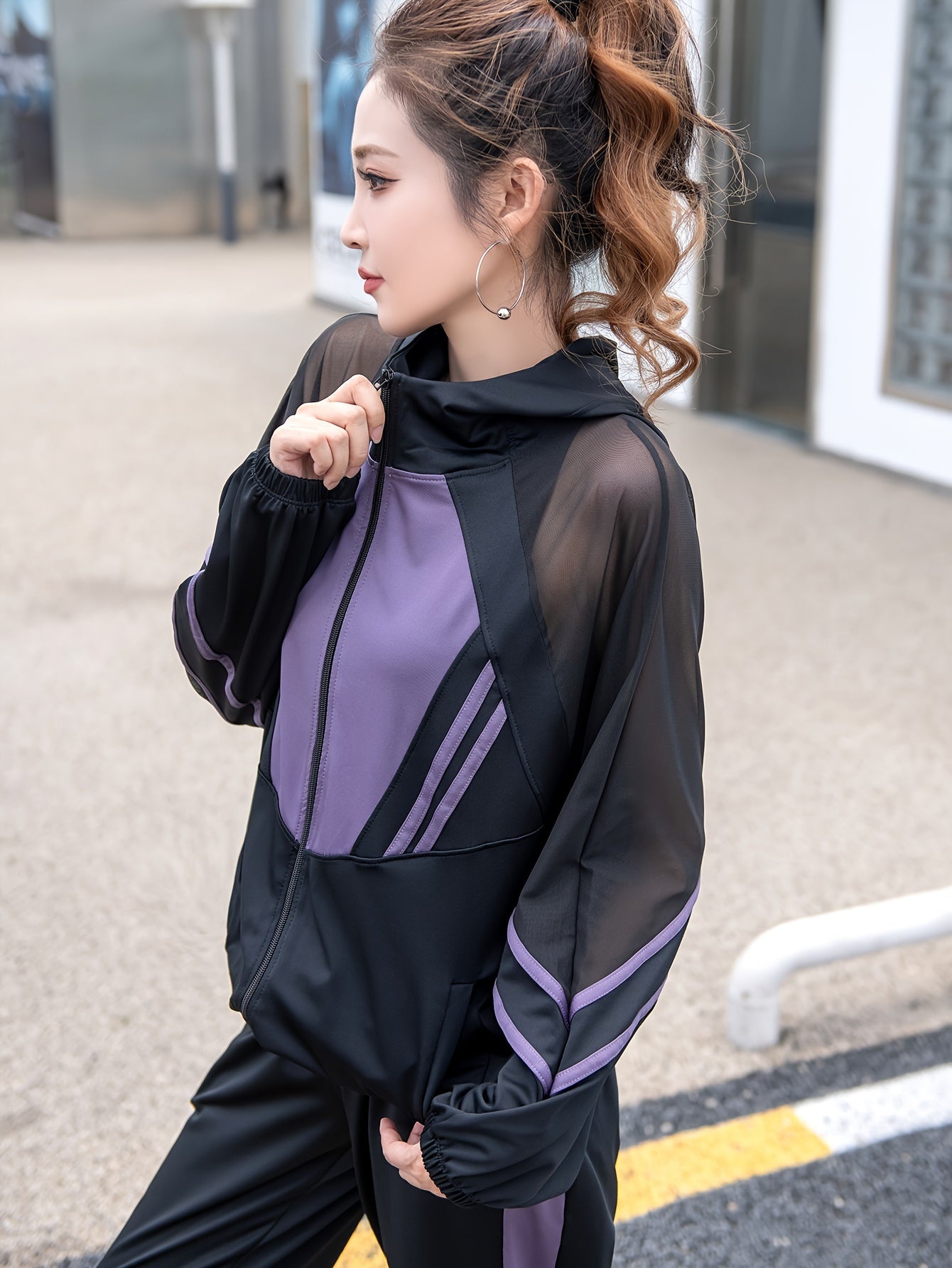Women's Loose Casual Sportswear Set with Hooded Top, Mesh Patchwork Long Sleeve Jacket and Pants Two-Piece