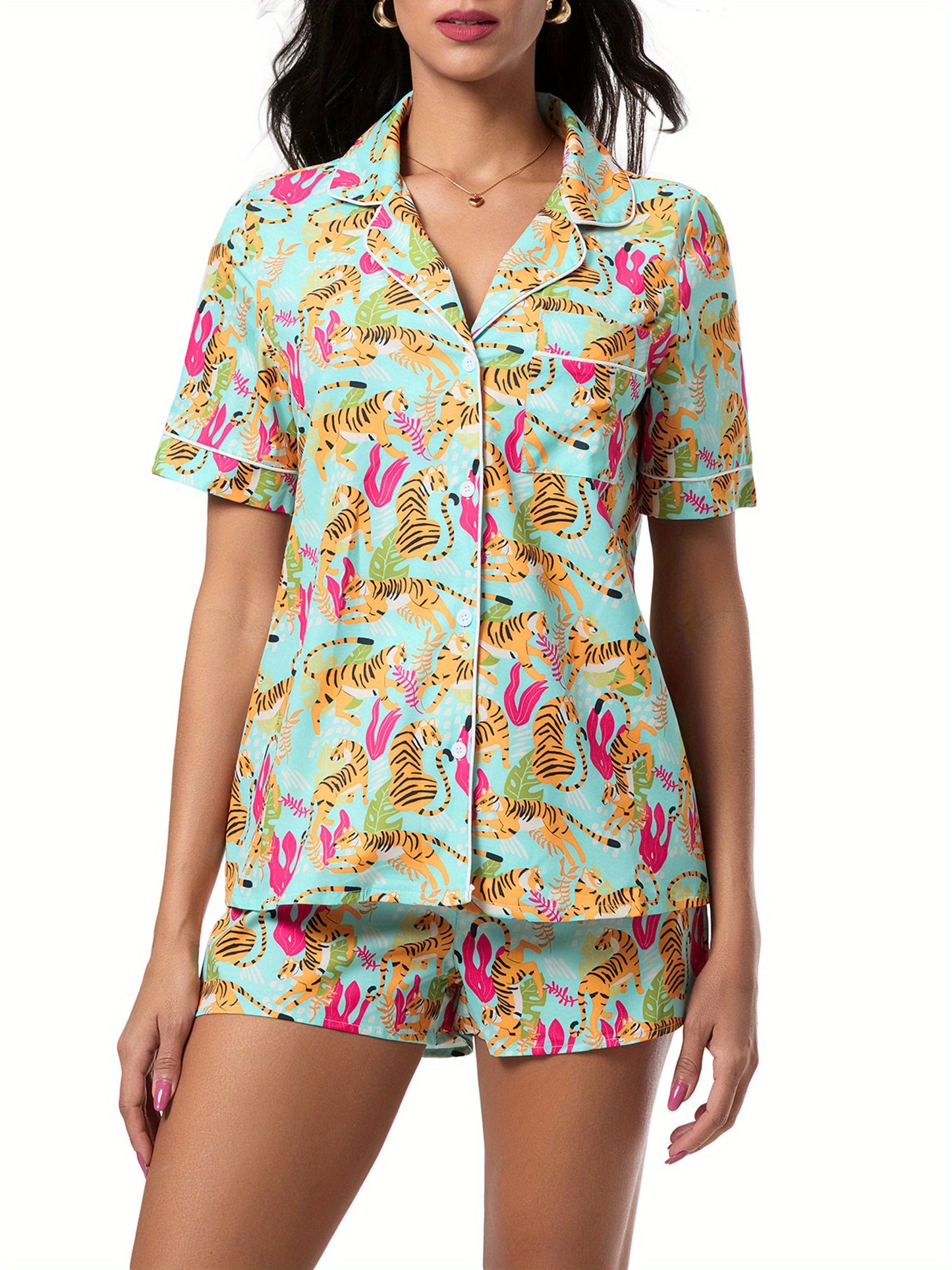 Women'S Summer Pajama Set with Animal Print Button-Up Shirt and Elastic Shorts for 2pcs Loungewear Soft Sleepwear