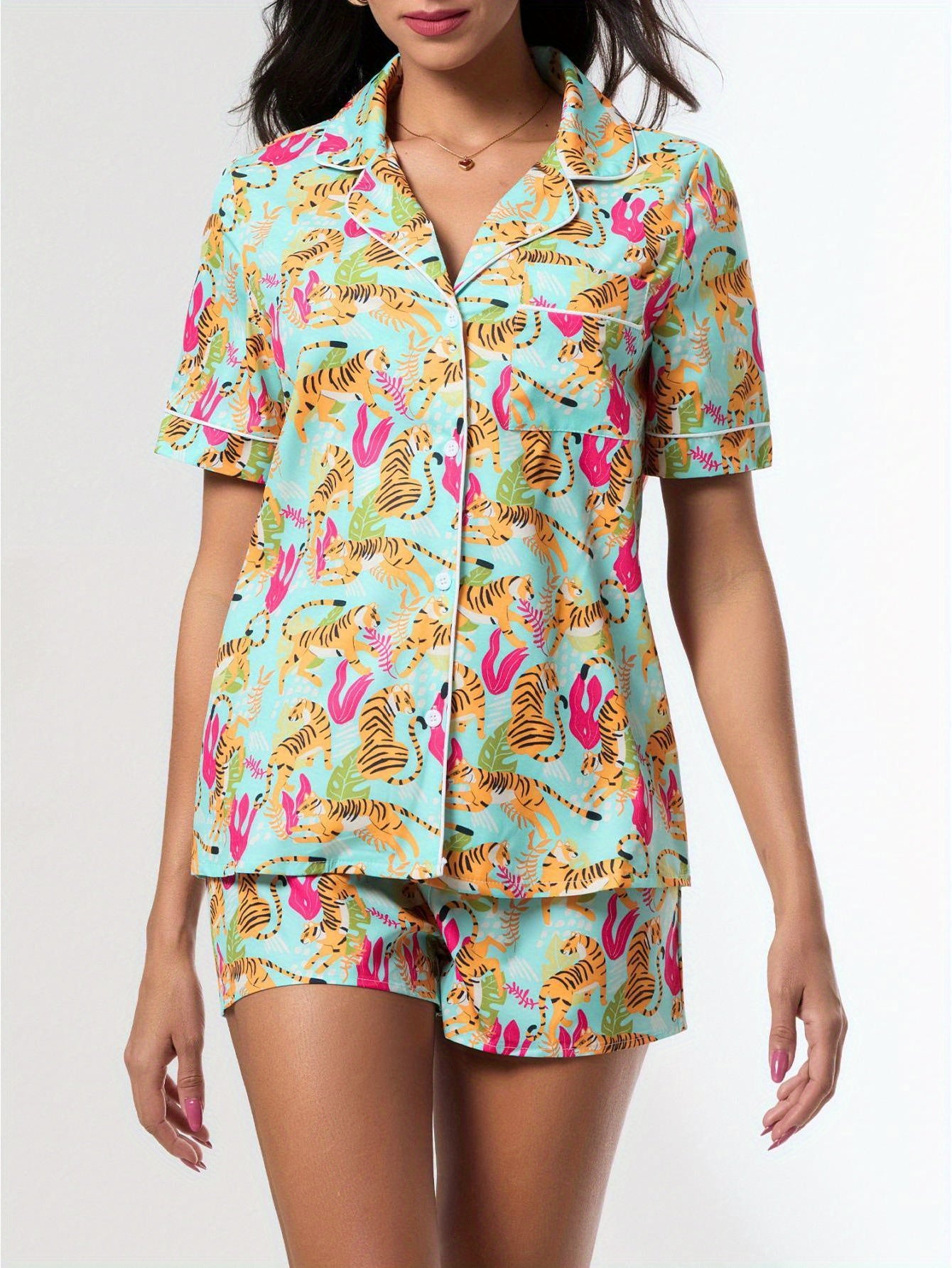 Women'S Summer Pajama Set with Animal Print Button-Up Shirt and Elastic Shorts for 2pcs Loungewear Soft Sleepwear