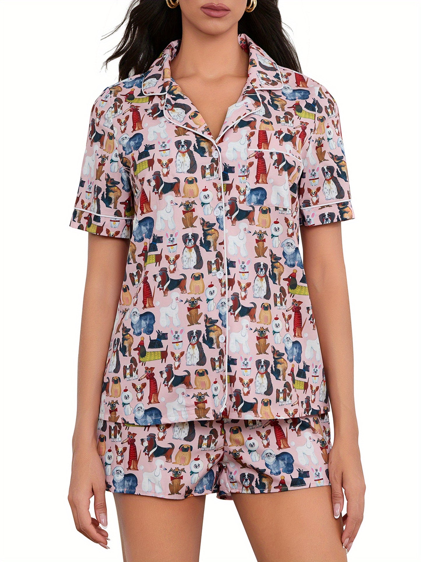 Women'S Summer Pajama Set with Animal Print Button-Up Shirt and Elastic Shorts for 2pcs Loungewear Soft Sleepwear