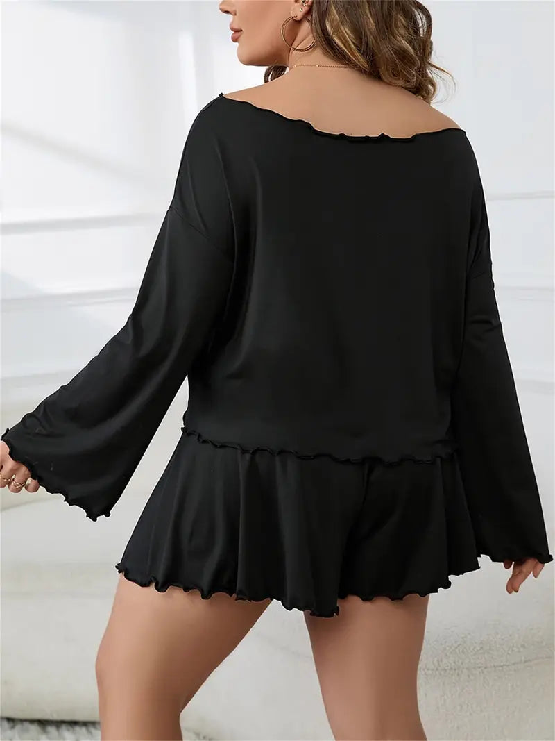 Women'S Plus Size Loungewear Set - Off-Shoulder Long Sleeve Top & Elastic Waist Shorts, Solid Black Casual Summer Sleepwear, Soft Polyester Blend