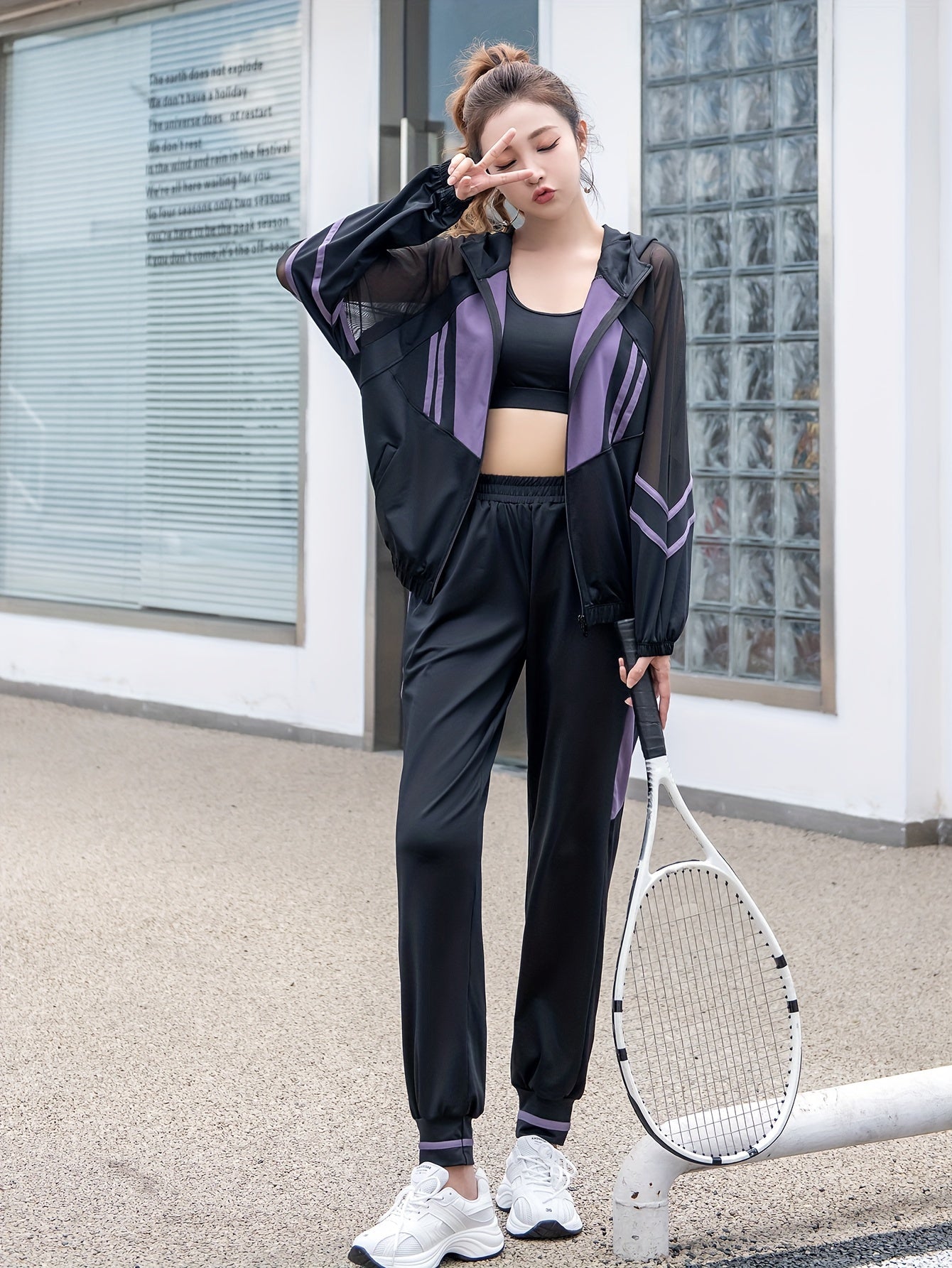 Women's Loose Casual Sportswear Set with Hooded Top, Mesh Patchwork Long Sleeve Jacket and Pants Two-Piece