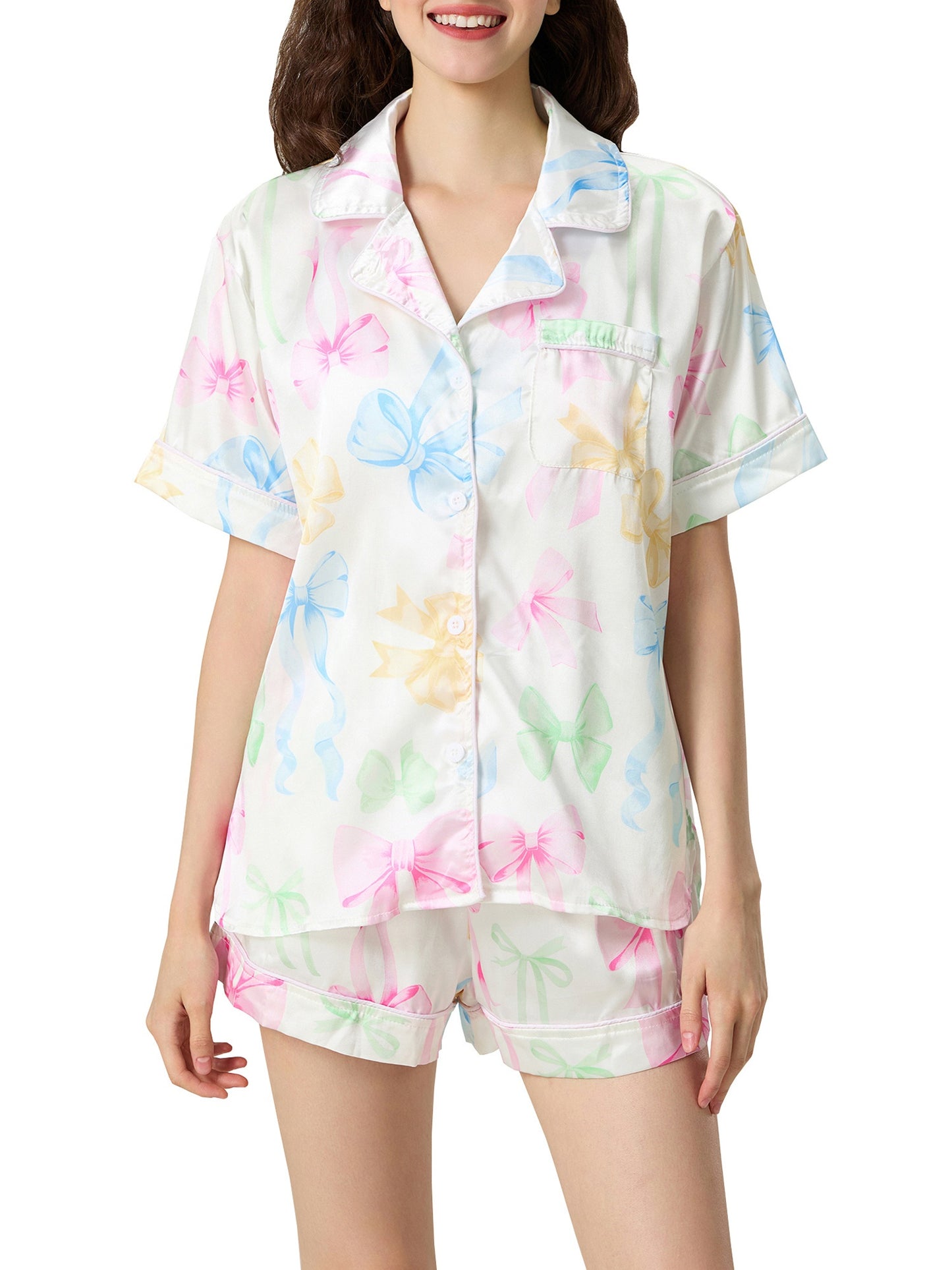 Women'S 2pcs Pajama Set, Polyester Lounge Wear with Guitar\u002FButterfly\u002FGoblet\u002FCroissant Print, Short Sleeve Top & Shorts Sleepwear Outfit, Casual All-Season Nightwear with Collared Shirt, Woven