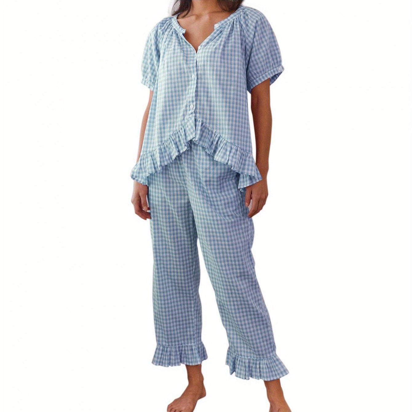 Womens 2pcs Pajama Set Short Sleeve Plaid Print Button Up Shirt + Ruffle Pants Set Sleepwear Loungewear