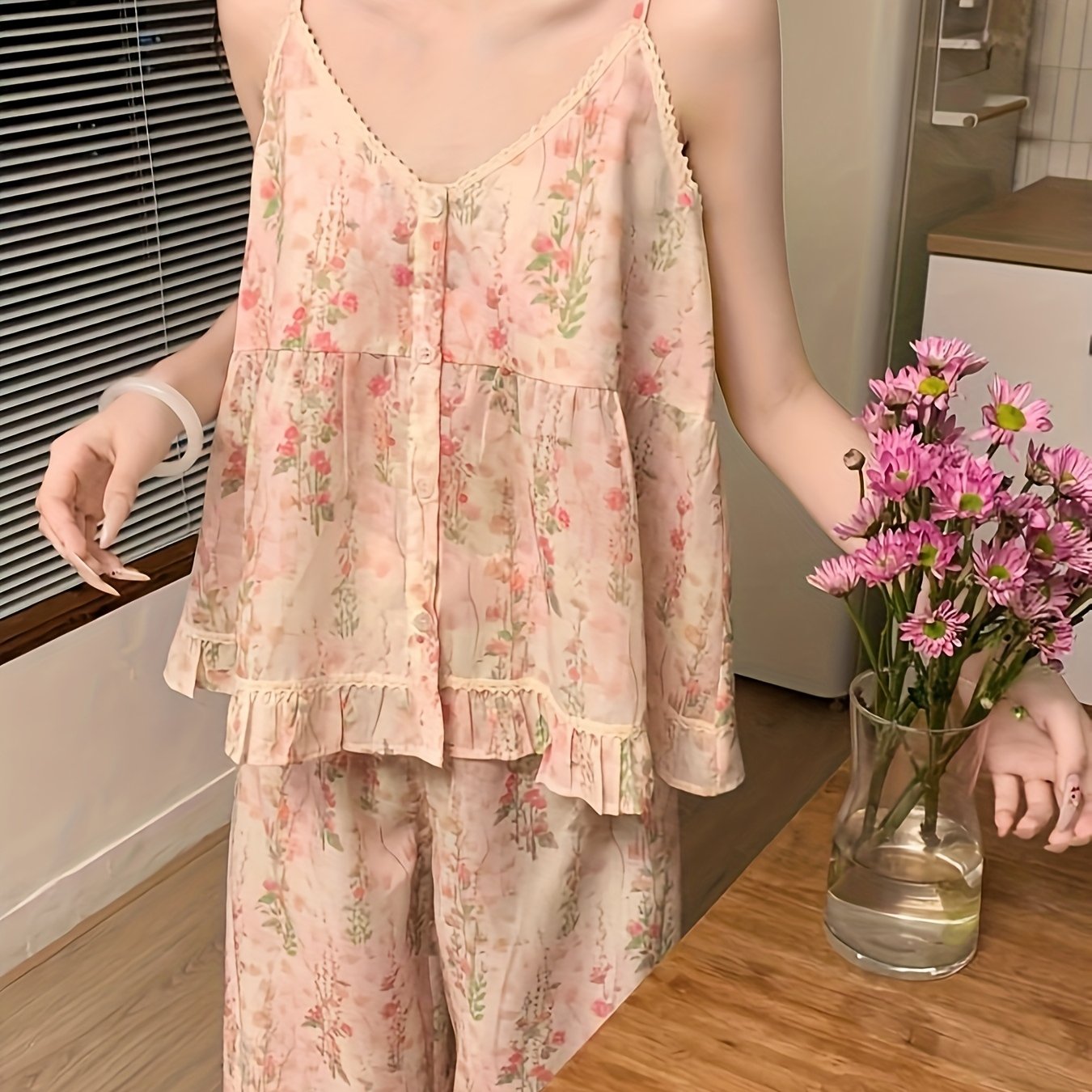 Rustic Style Camisole Nightgown for Women - Summer 2025 New Floral Print Sleeveless Long Pants Pajama Set