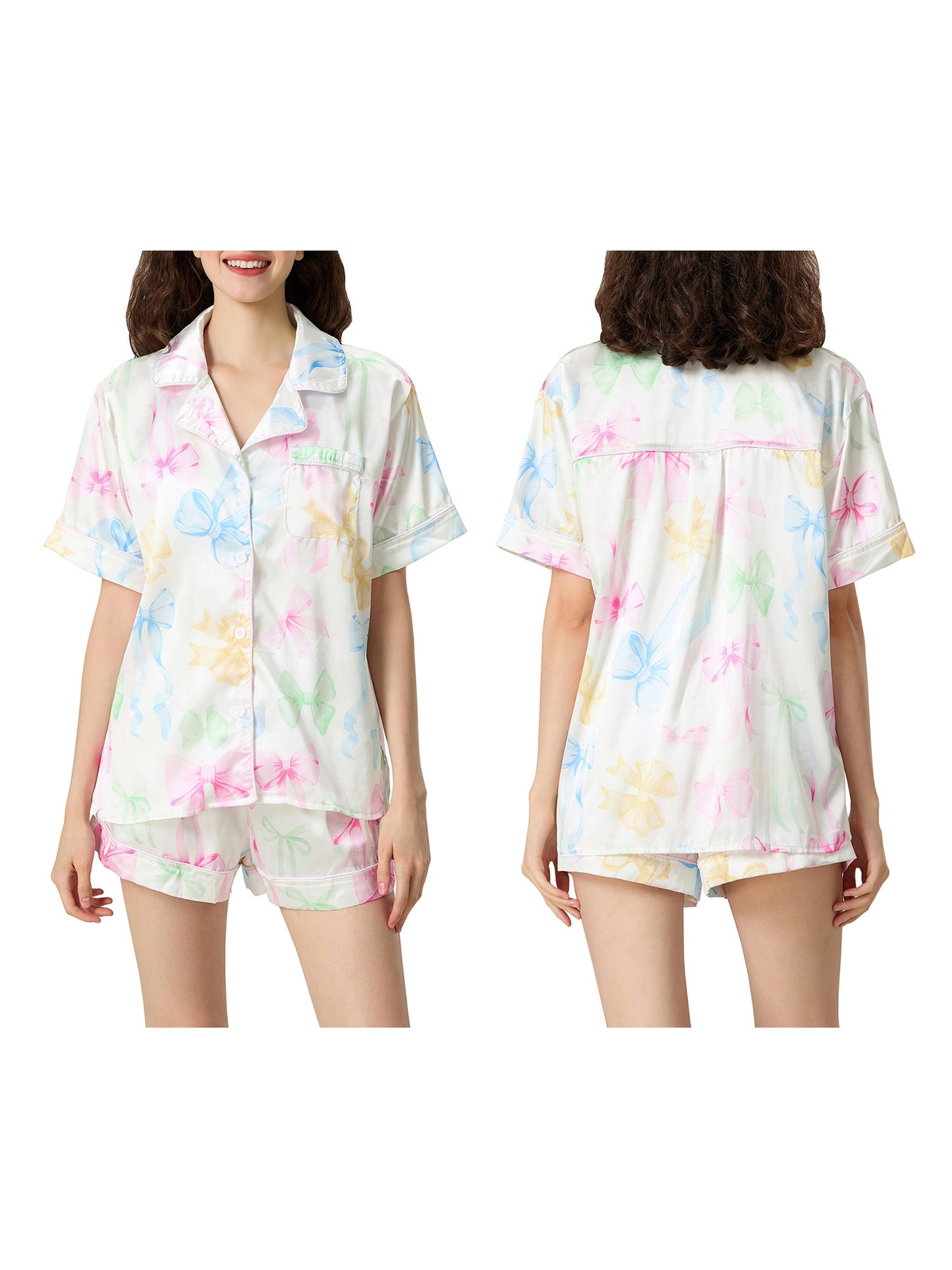 Women'S 2pcs Pajama Set, Polyester Lounge Wear with Guitar\u002FButterfly\u002FGoblet\u002FCroissant Print, Short Sleeve Top & Shorts Sleepwear Outfit, Casual All-Season Nightwear with Collared Shirt, Woven