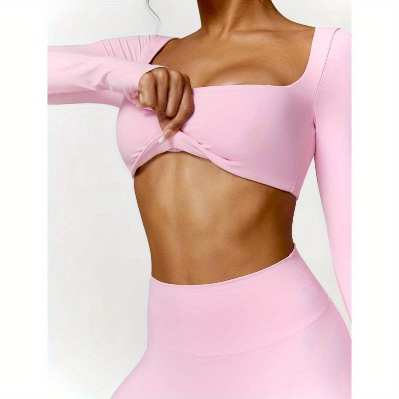 Women'S 2pcs Workout Set - Square Neck Long Sleeve Crop Top & High Waist Flared Leggings, Purple Gym Set for Fitness & Training, Non- Fabric, Workout Clothes, Training Apparel, Sleek Sportswear, Comfortable Fit