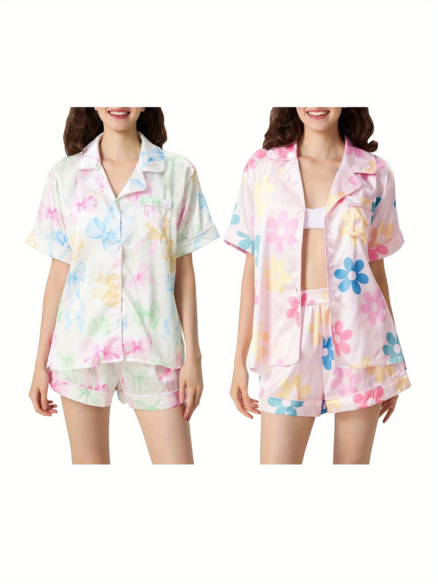 Women'S 2pcs Pajama Set, Polyester Lounge Wear with Guitar\u002FButterfly\u002FGoblet\u002FCroissant Print, Short Sleeve Top & Shorts Sleepwear Outfit, Casual All-Season Nightwear with Collared Shirt, Woven