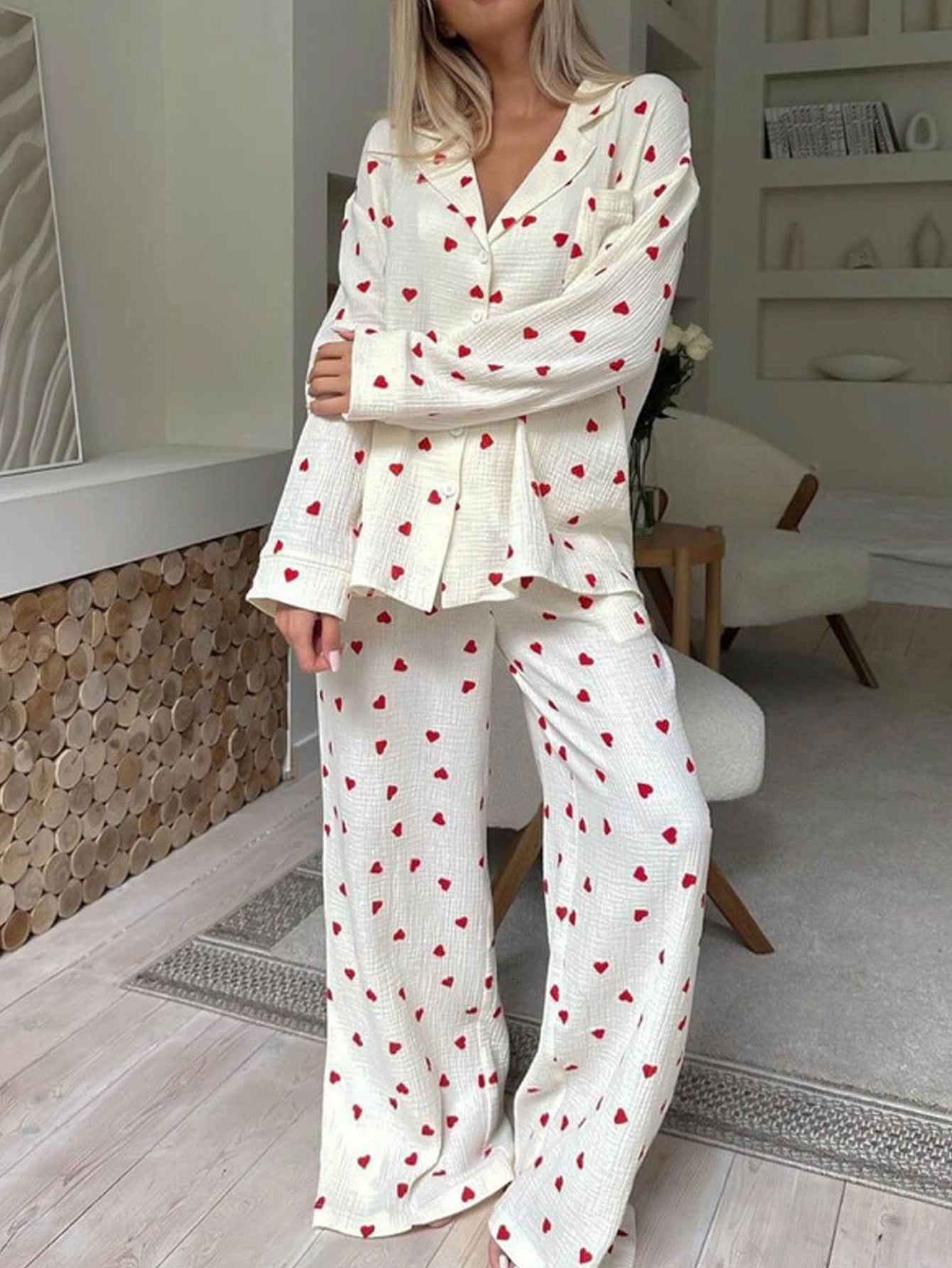 Women'S Elegant Long Sleeve Pajama Set with Heart Pattern - Soft Polyester, Perfect for Spring and Summer, Relaxed Fit, Lightweight & Breathable, Comfortable Clothing | Relaxed Fit Pants | Polyester Fabric