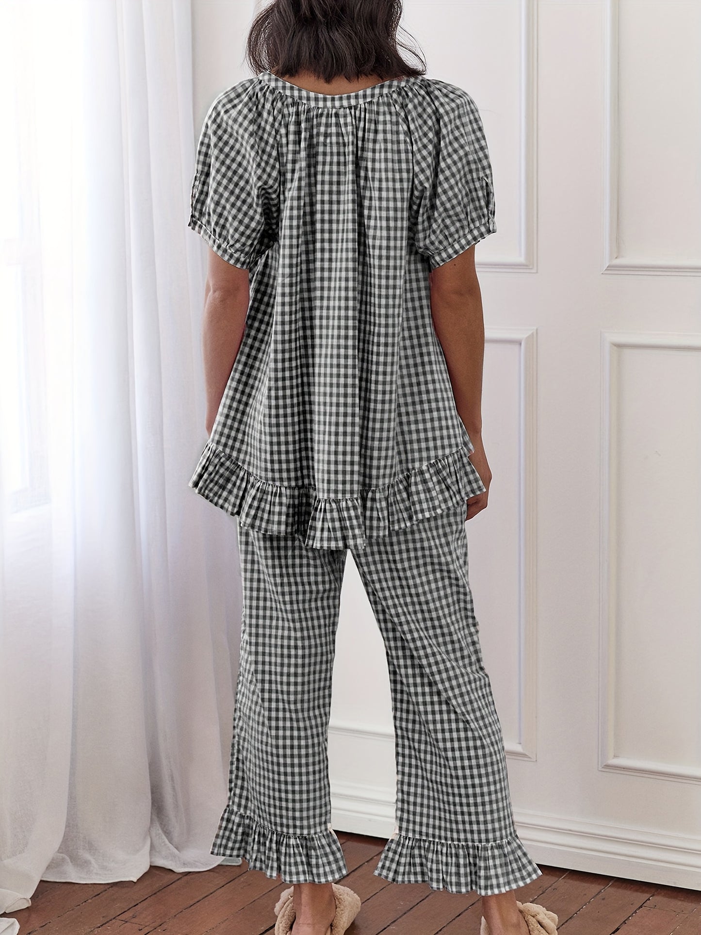 Womens 2pcs Pajama Set Short Sleeve Plaid Print Button Up Shirt + Ruffle Pants Set Sleepwear Loungewear