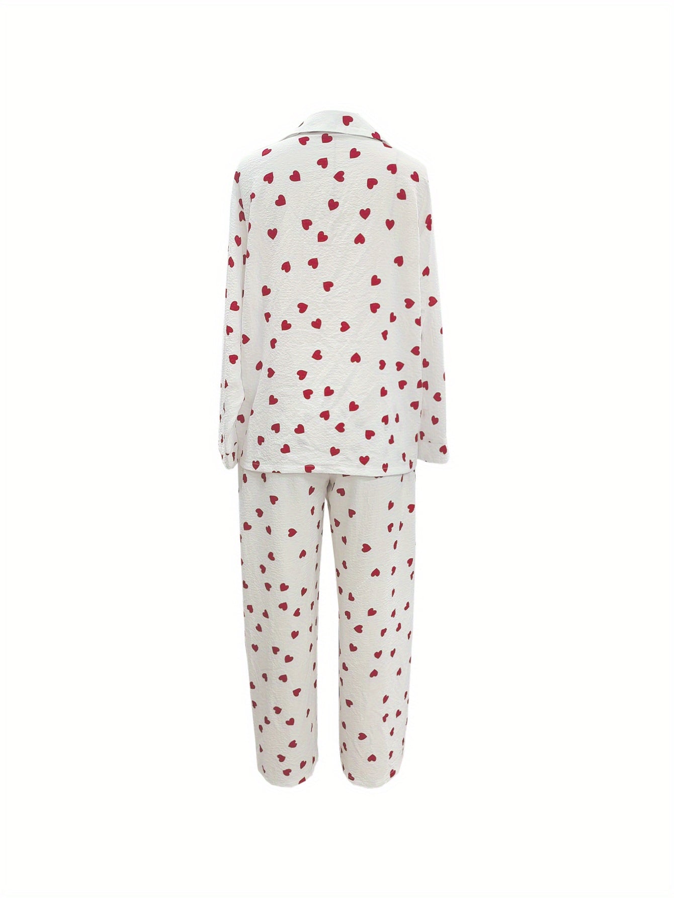 Women'S Elegant Long Sleeve Pajama Set with Heart Pattern - Soft Polyester, Perfect for Spring and Summer, Relaxed Fit, Lightweight & Breathable, Comfortable Clothing | Relaxed Fit Pants | Polyester Fabric