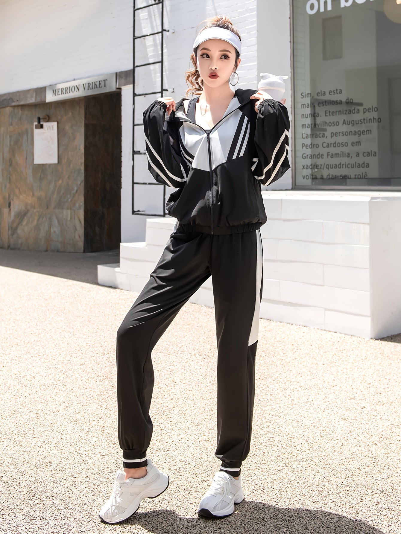 Women's Loose Casual Sportswear Set with Hooded Top, Mesh Patchwork Long Sleeve Jacket and Pants Two-Piece