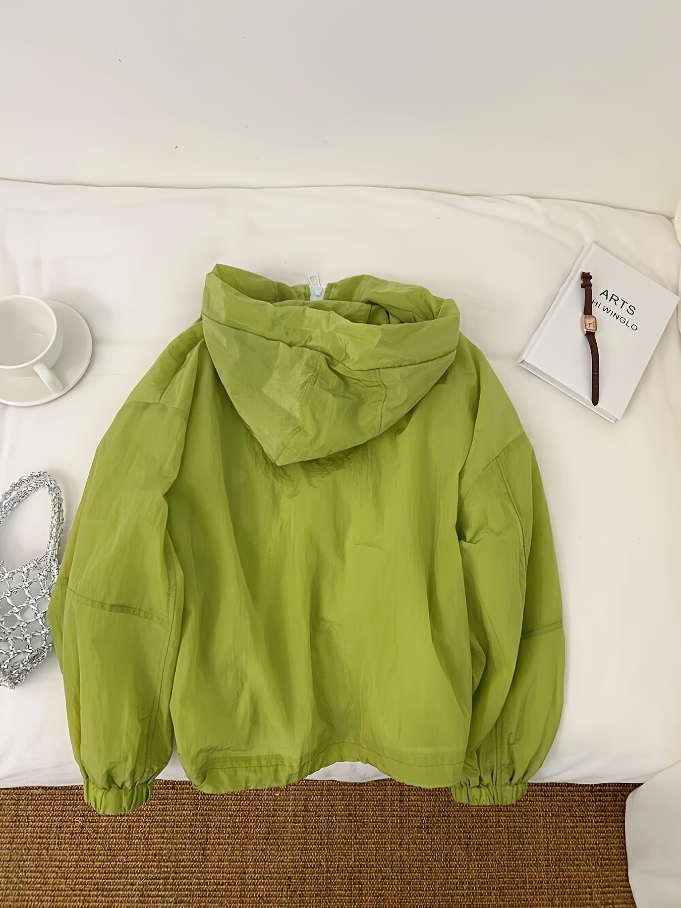Women's Lightweight Breathable Hooded Jacket - Spring Summer Casual Outdoor Coat with Zipper Closure, Durable Non-Stretch Fabric, Vibrant Green, Machine Washable, Hooded Sun Protective Jacket, Drop Shoulder Design