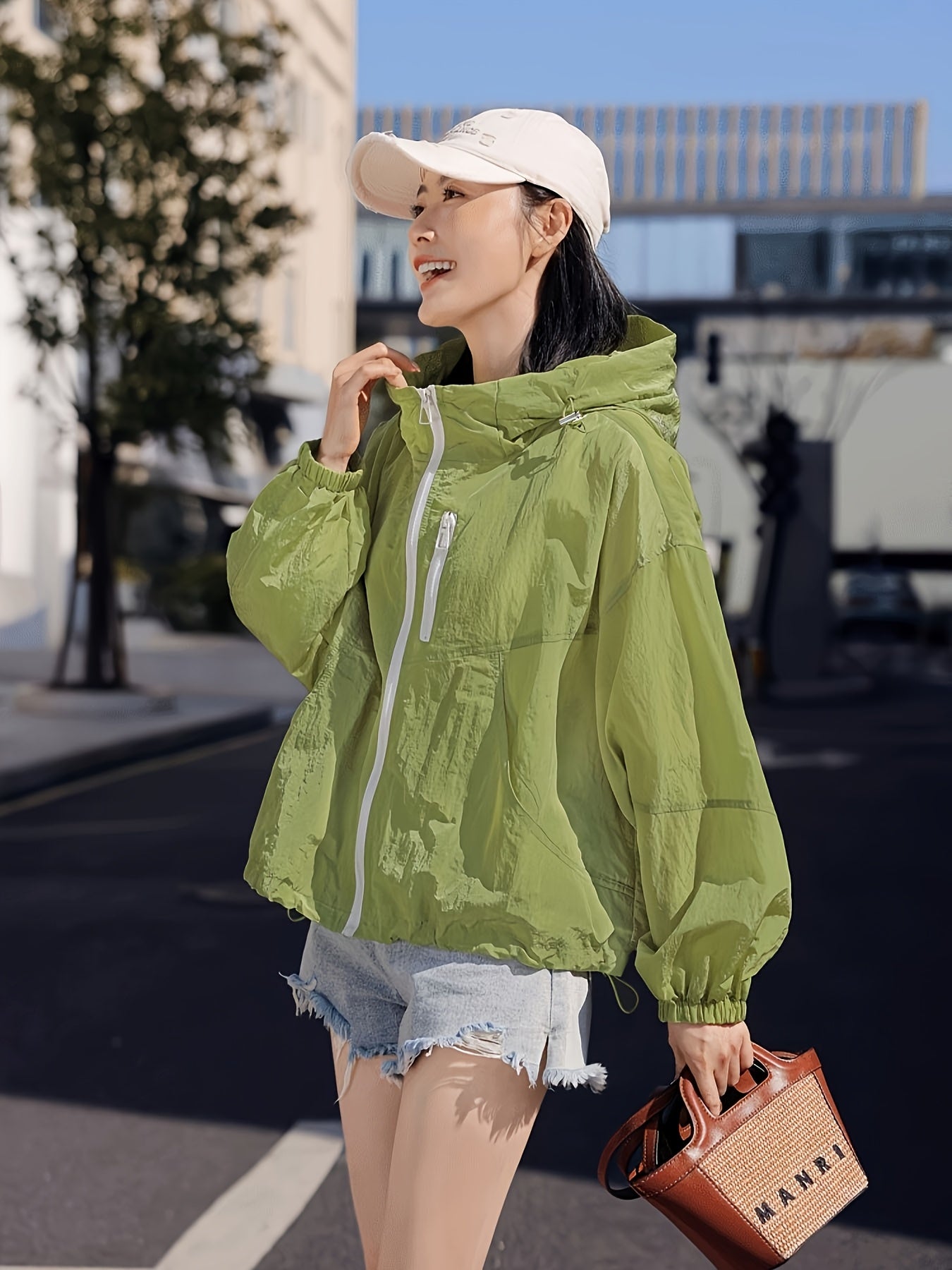 Women's Lightweight Breathable Hooded Jacket - Spring Summer Casual Outdoor Coat with Zipper Closure, Durable Non-Stretch Fabric, Vibrant Green, Machine Washable, Hooded Sun Protective Jacket, Drop Shoulder Design
