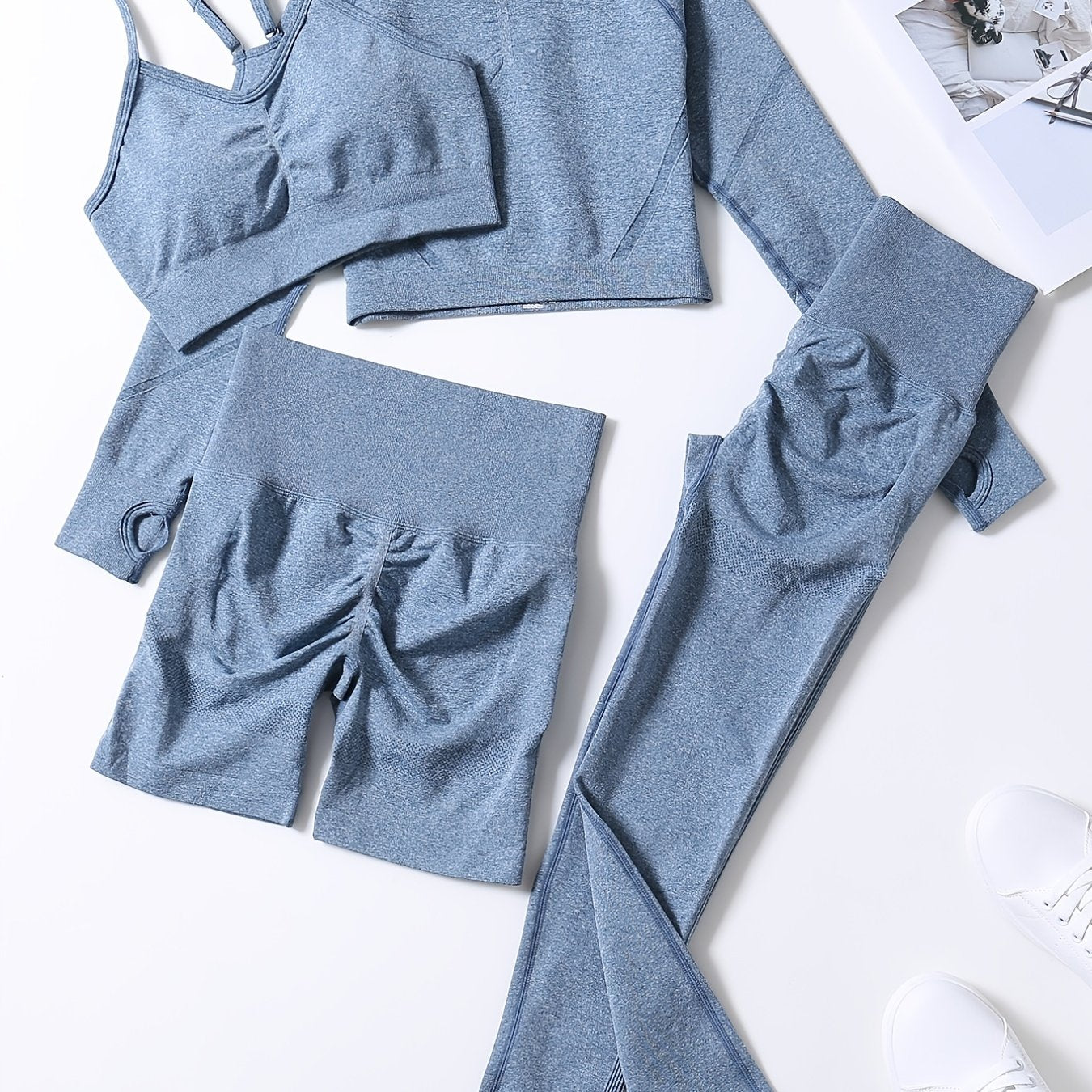 Smiling Face Style Workout Outfits for Women 4pcs Ribbed Seamless Crop Tank High Waist Yoga Leggings Sets
