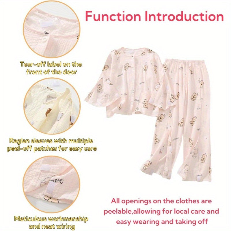 Women's Tearable Post-Operative Recovery Sleepwear - Adaptive Full-Open Pants with Elastic Waist & Cuffs, Pastel Heart Print for Paralyzed Bedridden Patients, Fracture Care & Home Use