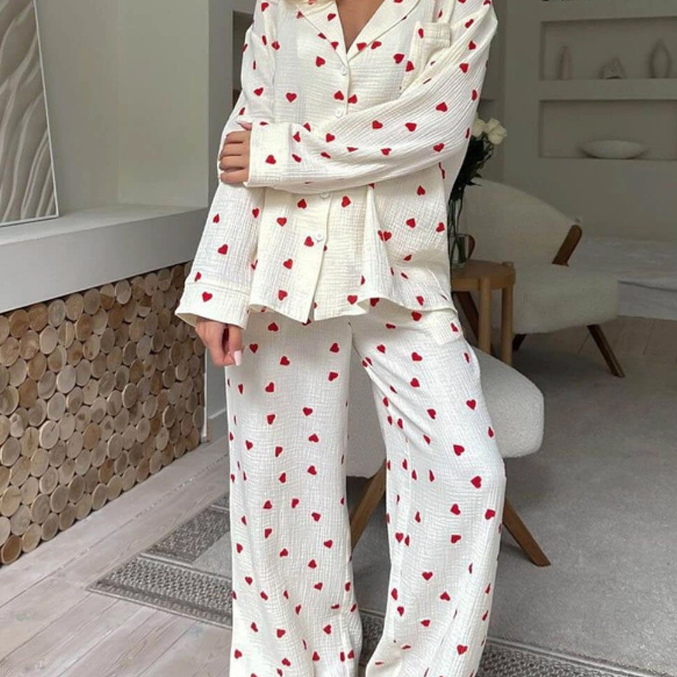 Women'S Elegant Long Sleeve Pajama Set with Heart Pattern - Soft Polyester, Perfect for Spring and Summer, Relaxed Fit, Lightweight & Breathable, Comfortable Clothing | Relaxed Fit Pants | Polyester Fabric