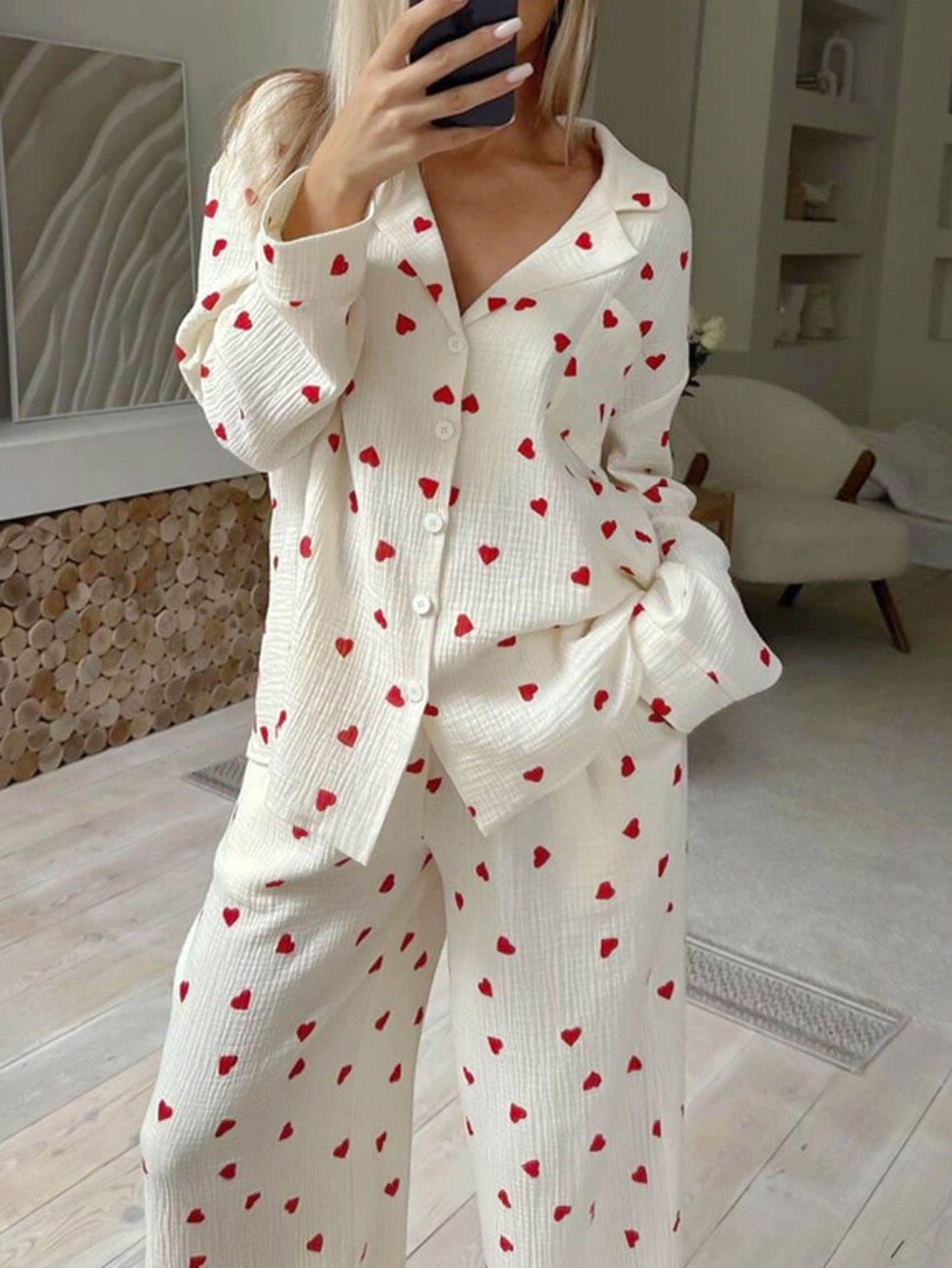 Women'S Elegant Long Sleeve Pajama Set with Heart Pattern - Soft Polyester, Perfect for Spring and Summer, Relaxed Fit, Lightweight & Breathable, Comfortable Clothing | Relaxed Fit Pants | Polyester Fabric