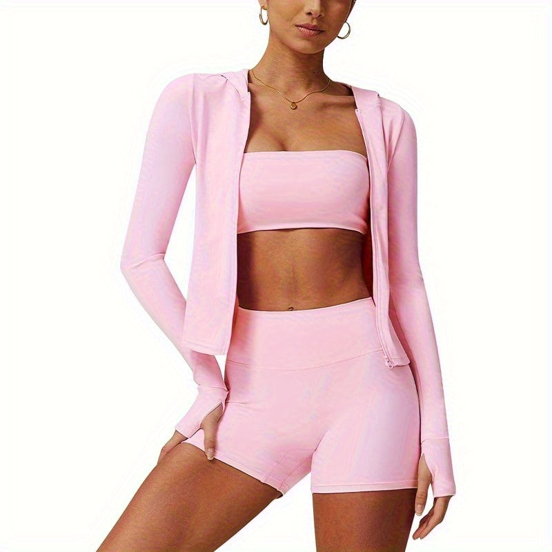 2pcs Workout Sets for Women High Waisted Shorts Long Sleeve Athletic UPF 50+ Jacket Gym Yoga Outfit