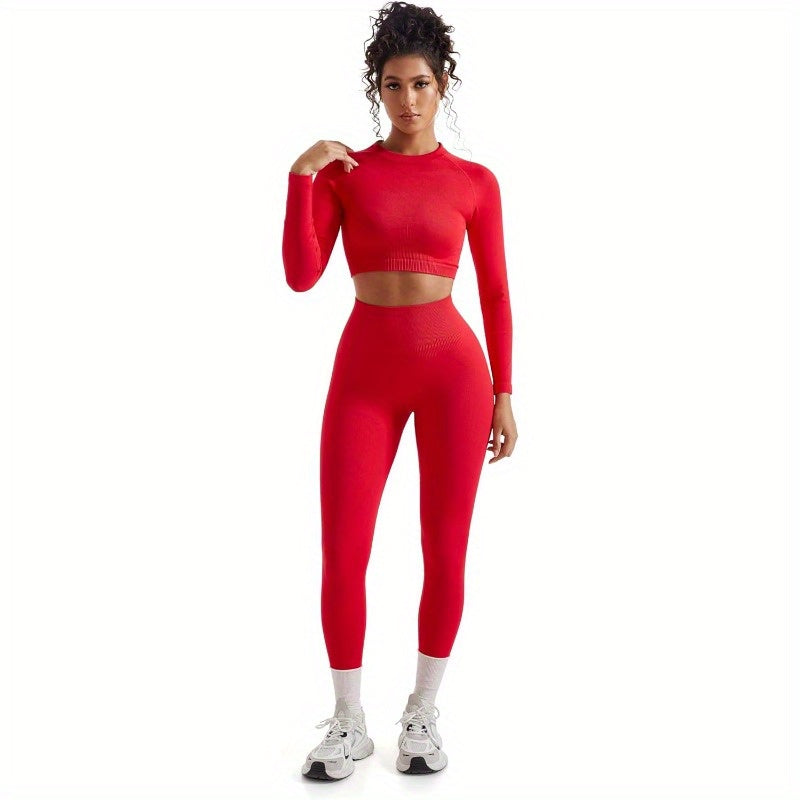 Women 2pcs Workout Sets Hidden Scrunch Hip Lifting Seamless Leggings Long Sleeve Yoga Crop Tops