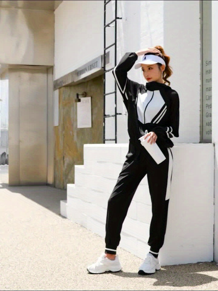 Women's Loose Casual Sportswear Set with Hooded Top, Mesh Patchwork Long Sleeve Jacket and Pants Two-Piece