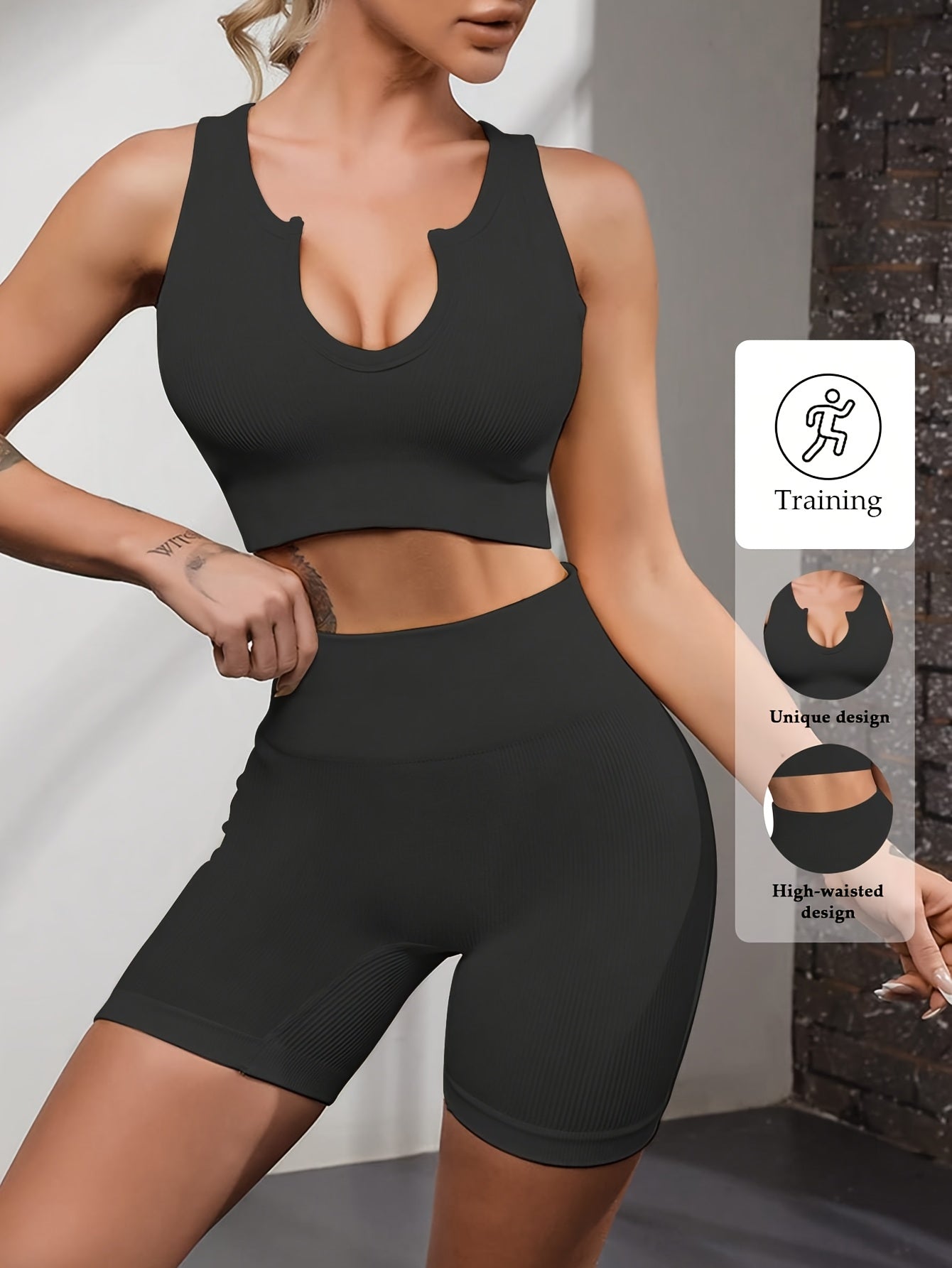 Women's 2pcs Sets Notch V Neck Crop Top Seamless Ribbed Yoga Bra & Tummy Control High Waist Shorts Set