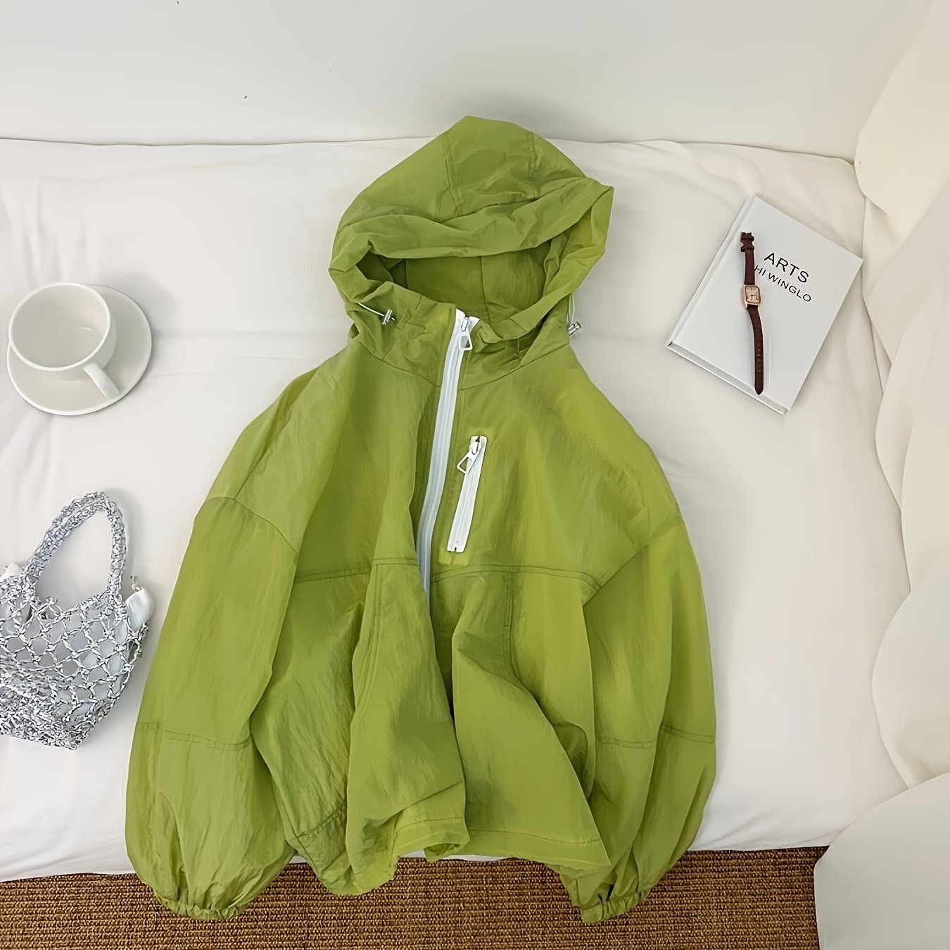 Women's Lightweight Breathable Hooded Jacket - Spring Summer Casual Outdoor Coat with Zipper Closure, Durable Non-Stretch Fabric, Vibrant Green, Machine Washable, Hooded Sun Protective Jacket, Drop Shoulder Design