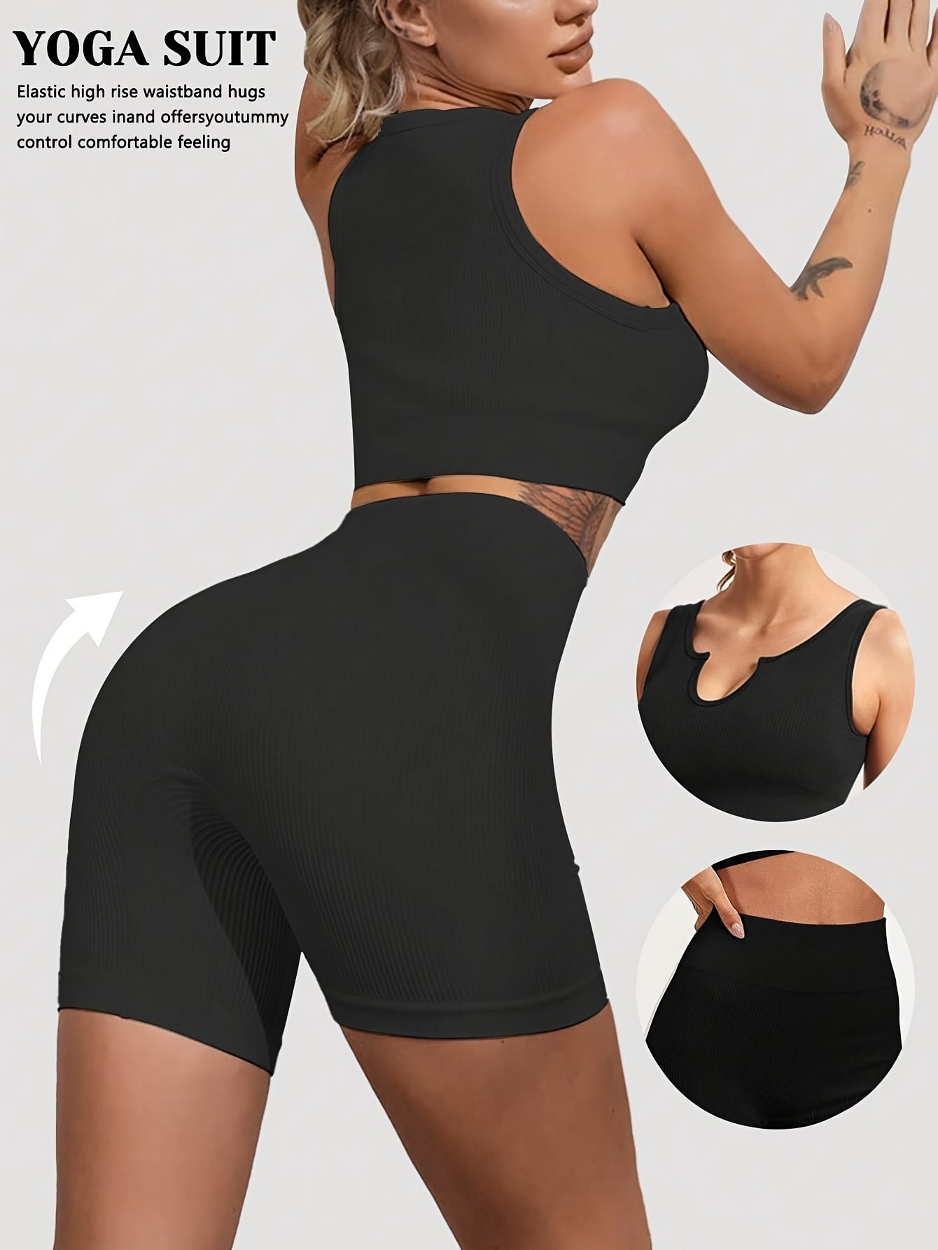 Women's 2pcs Sets Notch V Neck Crop Top Seamless Ribbed Yoga Bra & Tummy Control High Waist Shorts Set