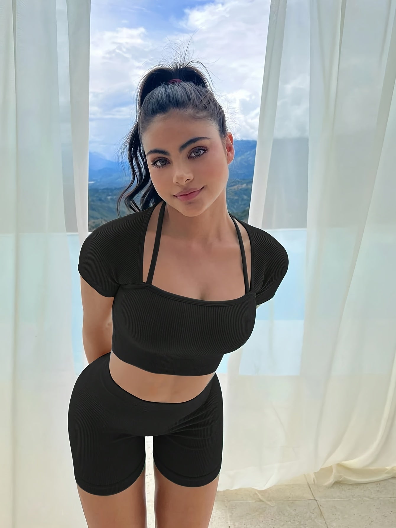 2pcs-Womens Workout Sets Square Neck Short Sleeve Shirts Ribbed Slim Fitted Seamless Yoga Outfits Shorts And Crop Top Matching Gym Athletic Clothing Set