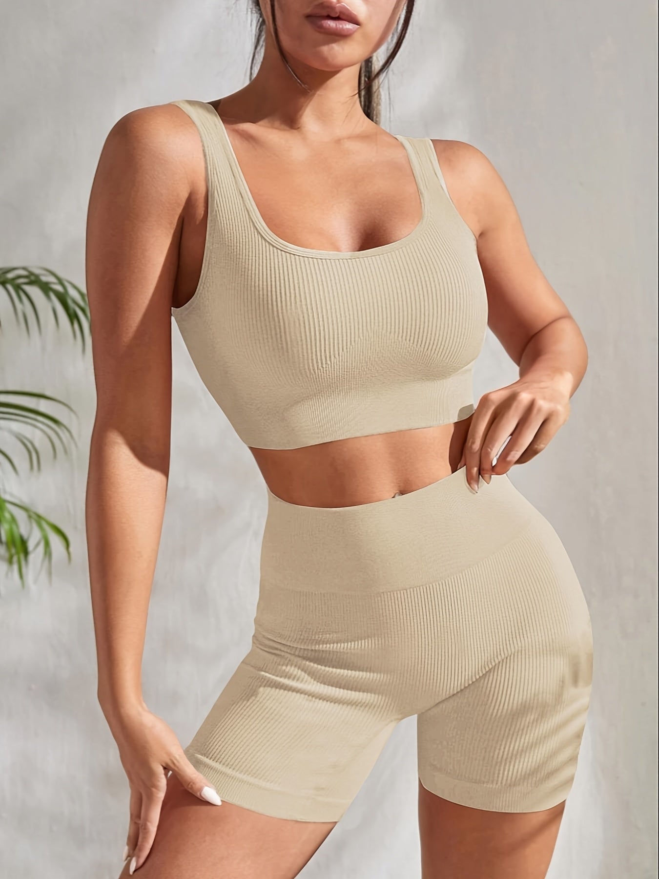 Solid Color Two-Piece Outdoor Women's Sports Shorts and Sleeveless Top High Elastic Fitness Shaping