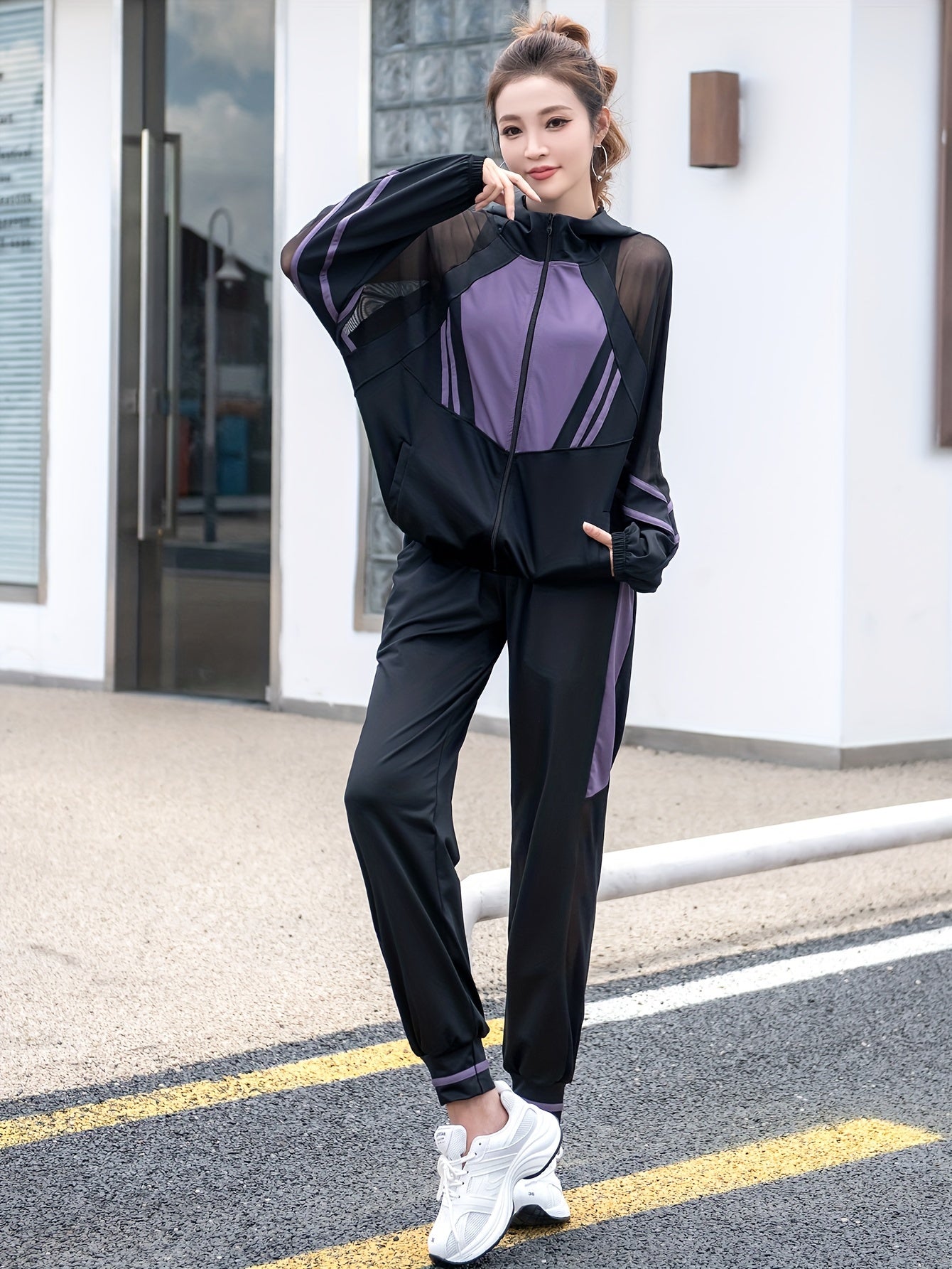 Women's Loose Casual Sportswear Set with Hooded Top, Mesh Patchwork Long Sleeve Jacket and Pants Two-Piece