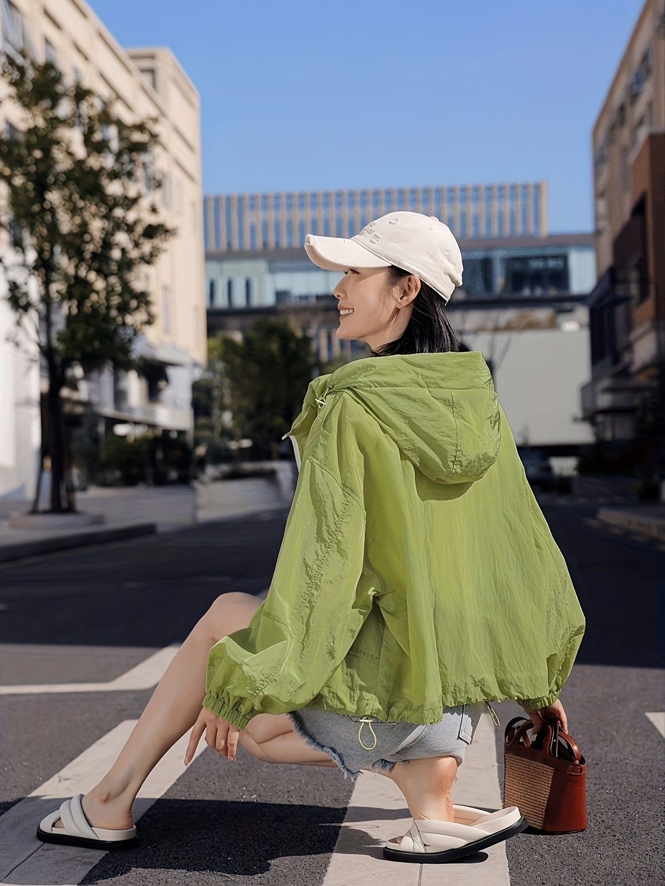 Women's Lightweight Breathable Hooded Jacket - Spring Summer Casual Outdoor Coat with Zipper Closure, Durable Non-Stretch Fabric, Vibrant Green, Machine Washable, Hooded Sun Protective Jacket, Drop Shoulder Design