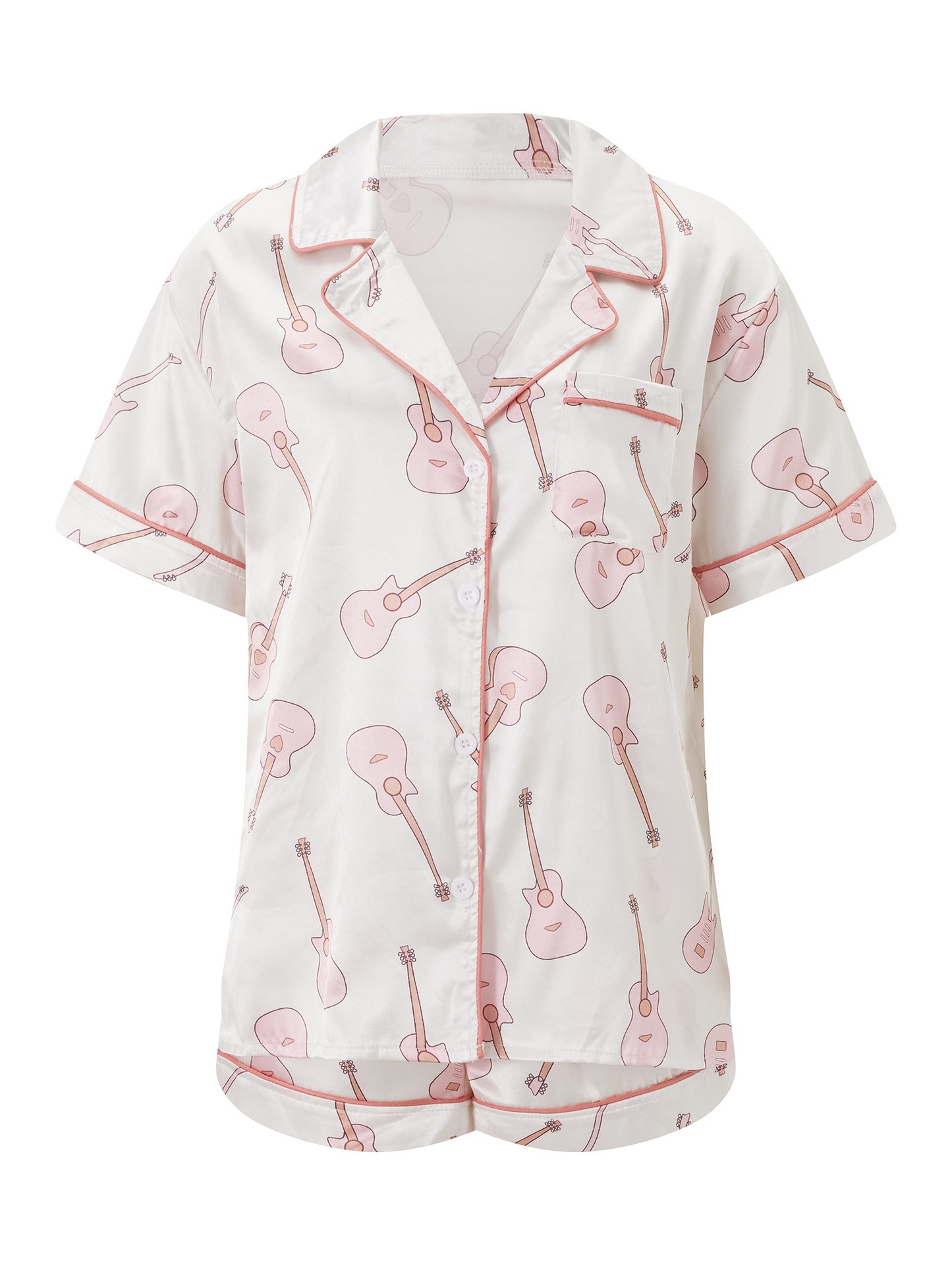 Women'S 2pcs Pajama Set, Polyester Lounge Wear with Guitar\u002FButterfly\u002FGoblet\u002FCroissant Print, Short Sleeve Top & Shorts Sleepwear Outfit, Casual All-Season Nightwear with Collared Shirt, Woven