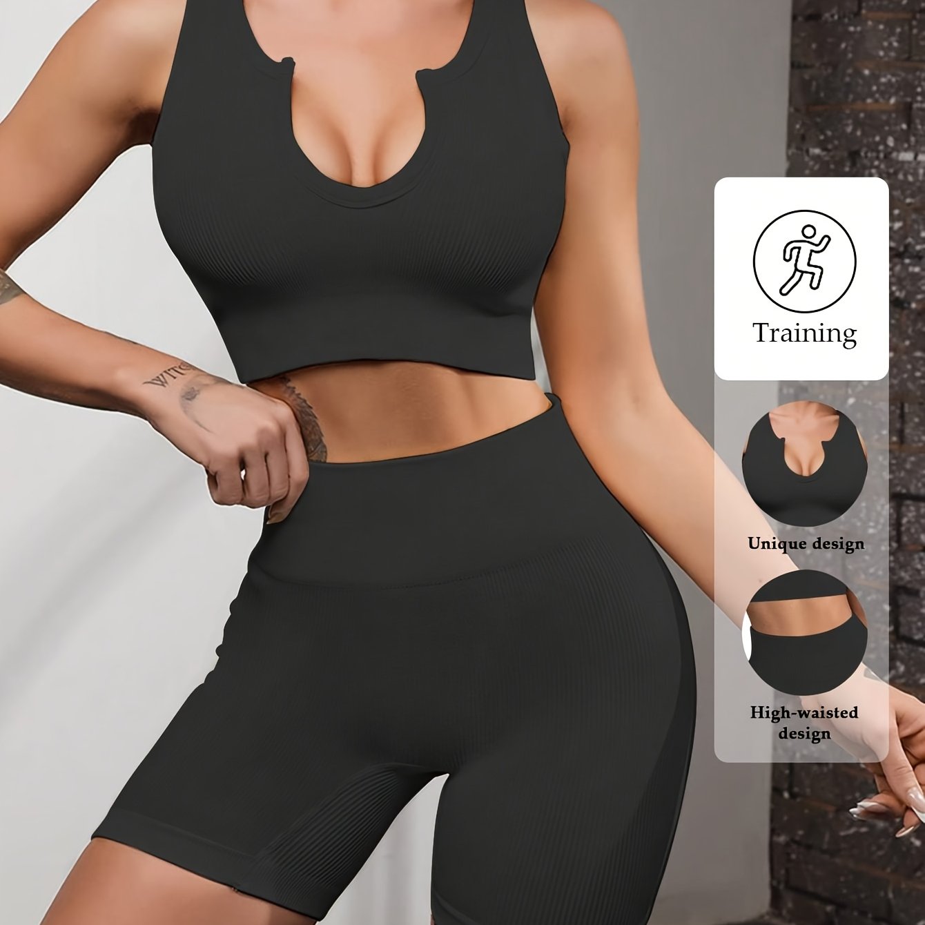 Women's 2pcs Sets Notch V Neck Crop Top Seamless Ribbed Yoga Bra & Tummy Control High Waist Shorts Set