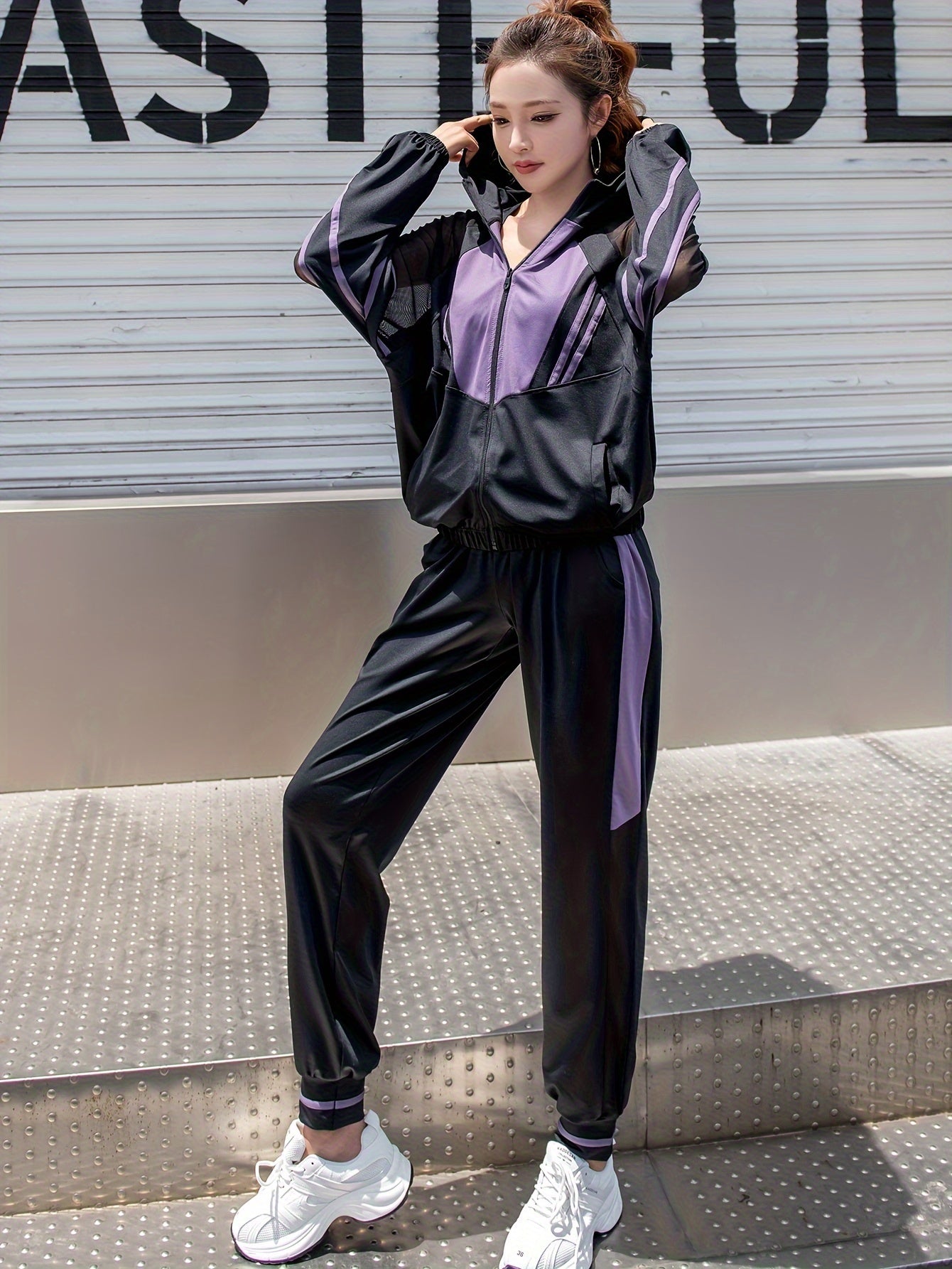Women's Loose Casual Sportswear Set with Hooded Top, Mesh Patchwork Long Sleeve Jacket and Pants Two-Piece
