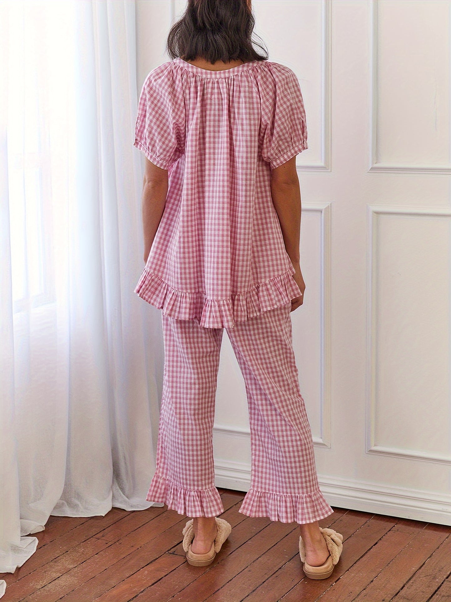 Womens 2pcs Pajama Set Short Sleeve Plaid Print Button Up Shirt + Ruffle Pants Set Sleepwear Loungewear