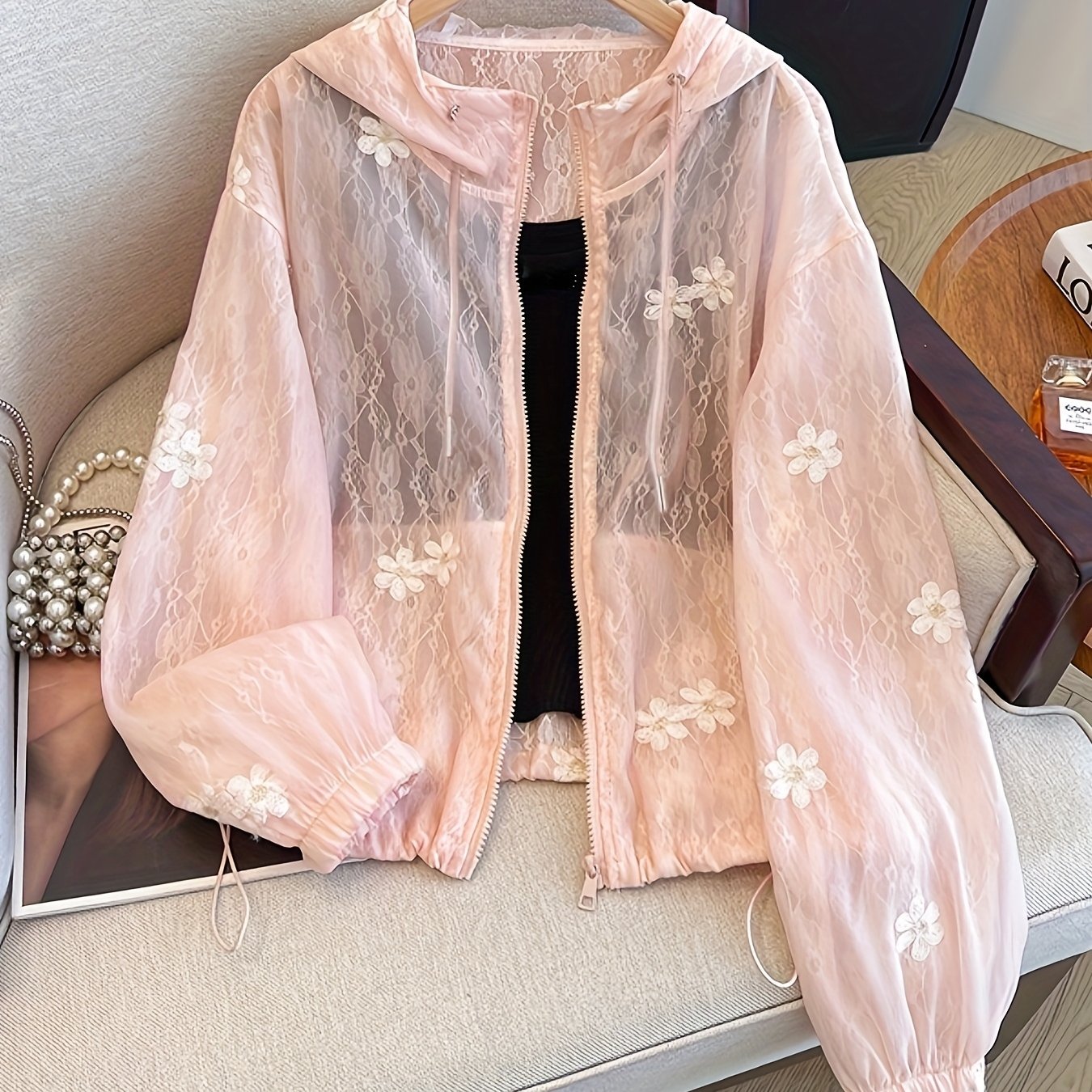 2025 Summer Women'S Lightweight Hooded Sun Jacket with Lace Trim, Semi-Breathable Long Sleeve Zip-Up Front Casual Outdoor Jacket + Top Two-Piece Set, Cute Women'S Style Soft Texture Fashion Design