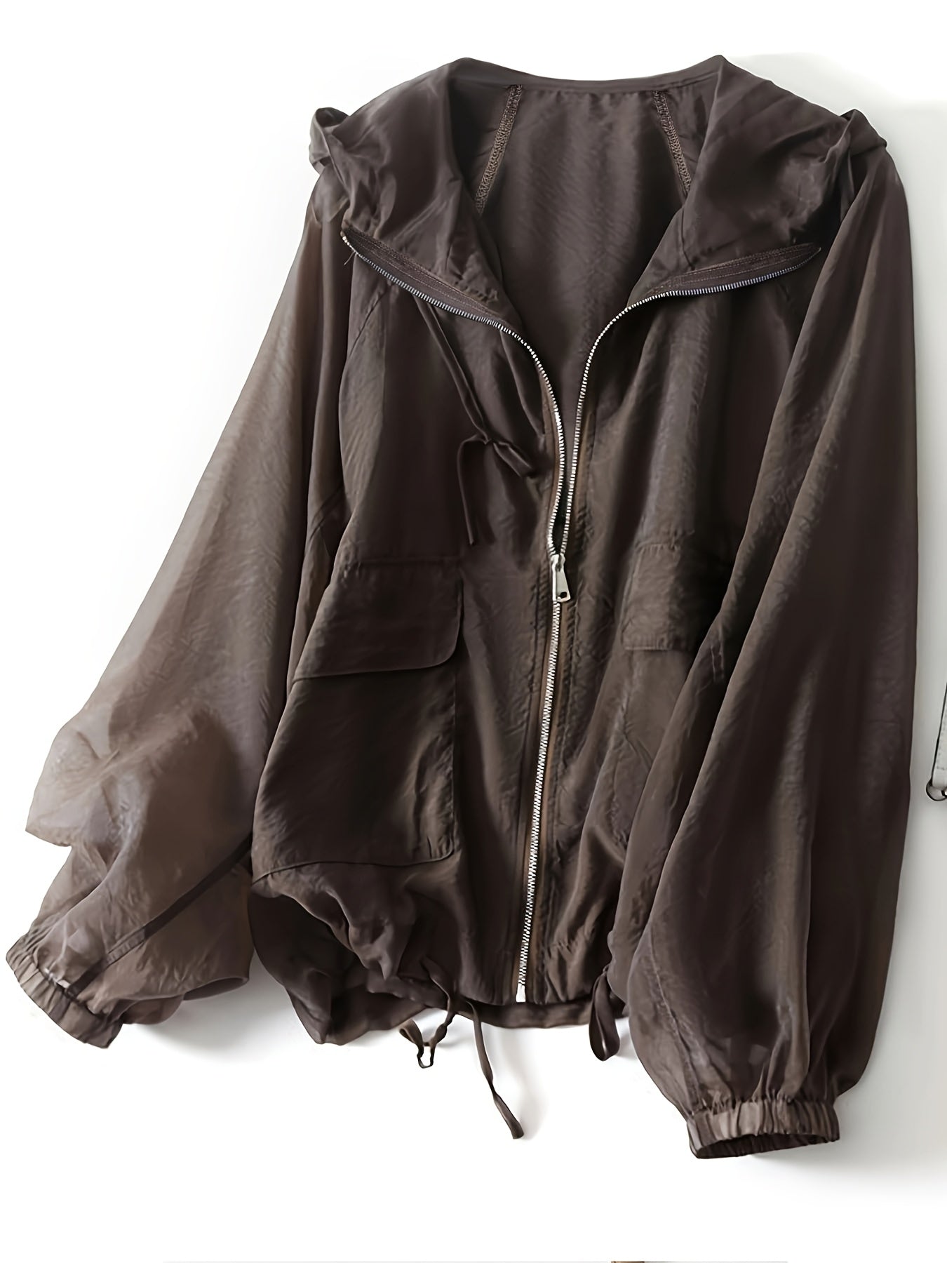 Women'S Lightweight Breathable Sun Protection Hooded Jacket - Casual Solid Color Zip-Up Long Sleeve Outerwear with Drawstring Detail, Spring\u002FSummer Collection, Loose Fit, Polyester Fabric