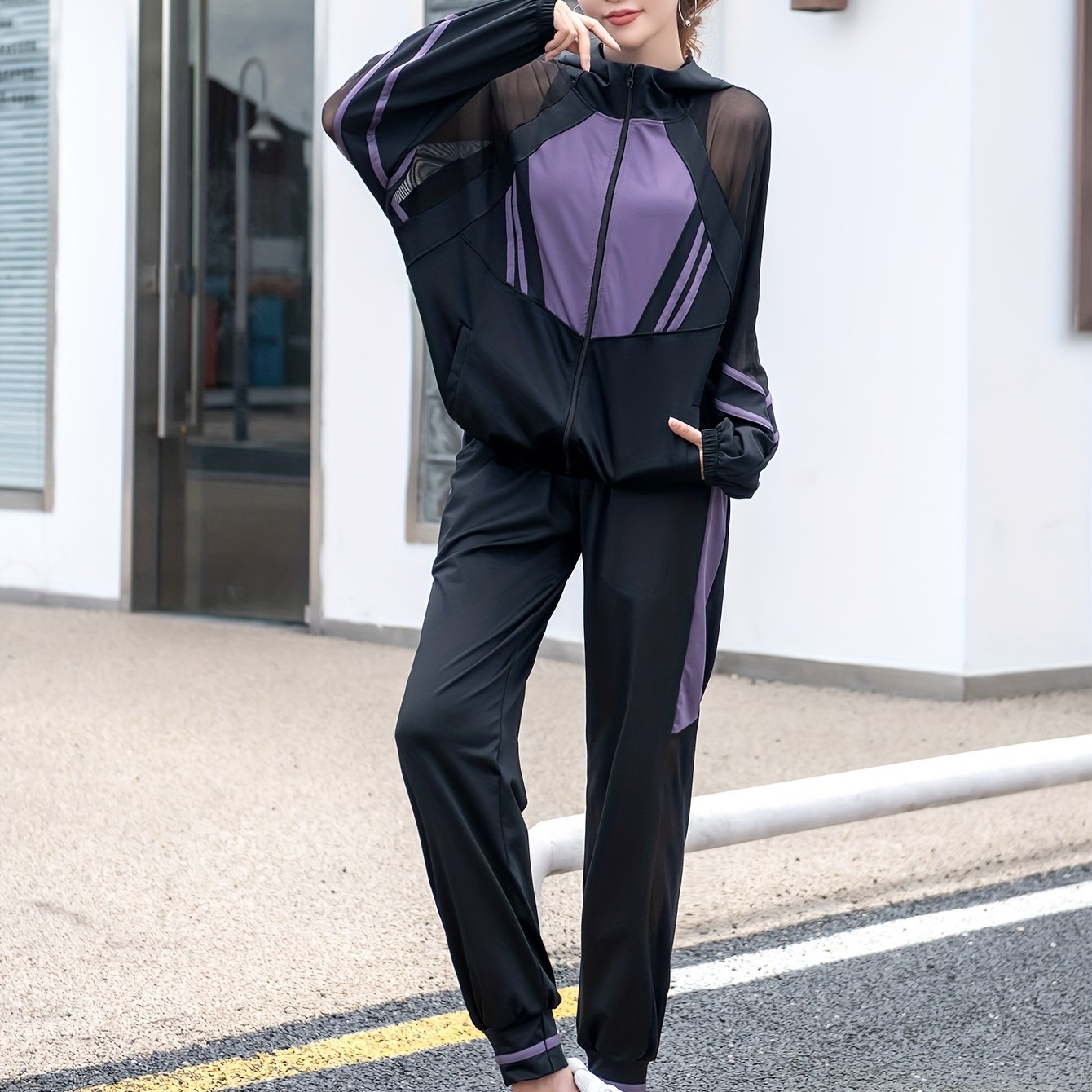 Women's Loose Casual Sportswear Set with Hooded Top, Mesh Patchwork Long Sleeve Jacket and Pants Two-Piece