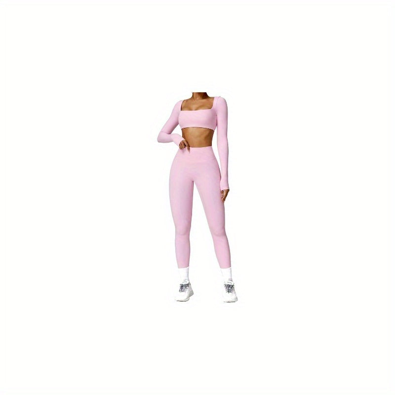 Women'S 2pcs Workout Set - Square Neck Long Sleeve Crop Top & High Waist Flared Leggings, Purple Gym Set for Fitness & Training, Non- Fabric, Workout Clothes, Training Apparel, Sleek Sportswear, Comfortable Fit