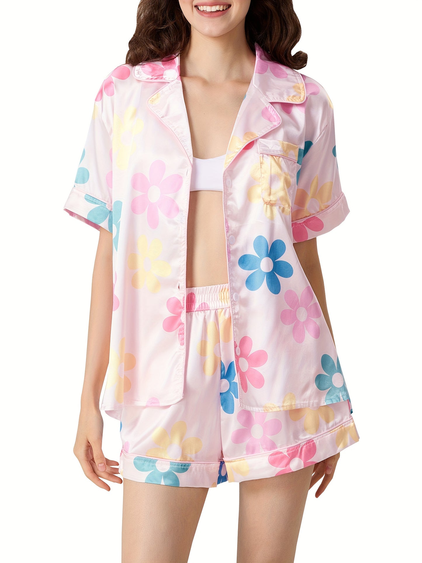 Women'S 2pcs Pajama Set, Polyester Lounge Wear with Guitar\u002FButterfly\u002FGoblet\u002FCroissant Print, Short Sleeve Top & Shorts Sleepwear Outfit, Casual All-Season Nightwear with Collared Shirt, Woven