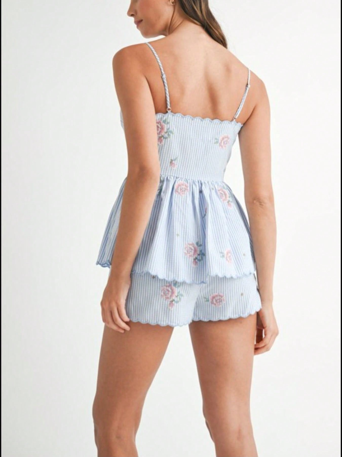 Womens Casual Sleepwear Romantic Sweet Floral Striped Scalloped Edge Button Front Cami Shorts Set Blue Pink Rose Print Spaghetti Strap Sweetheart Neckline Summer Pajama Loungewear