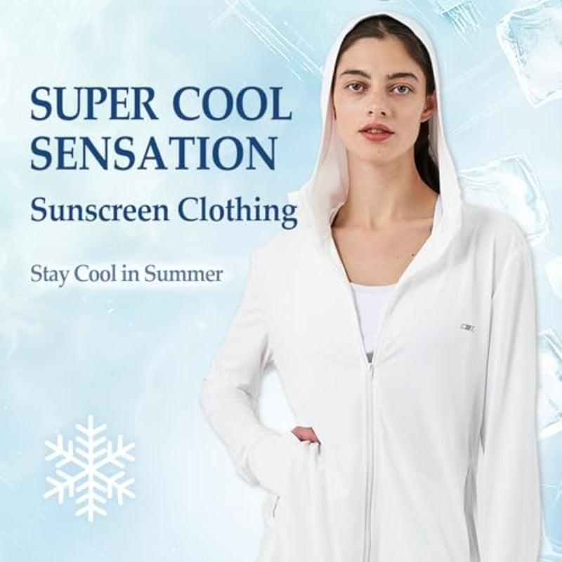 Women's UPF 70+ Full Body Sun Protection Hoodie - Lightweight UV Blocking Jacket with Front Zipper & Thumb Holes, Quick-Dry Athletic Zip-Up for Running, Hiking, Beach, Gym - White Outdoor Sports Apparel, Sun Safe Clothing, Breathable Fabric