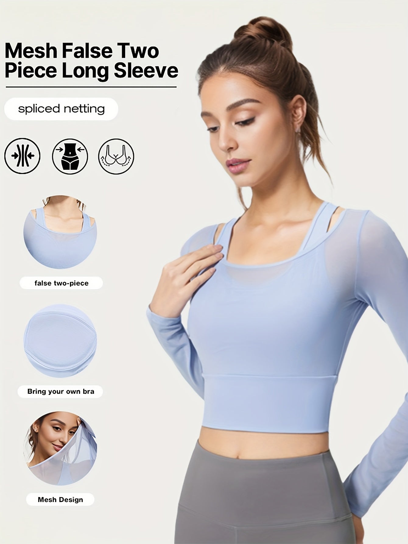 3 Colors New Spring\u002FSummer Mesh Two-Piece Yoga Set with Fixed Bra, Long Sleeve Women's Yoga Top, Slimming Elastic Waist Shaper, No-Bra Workout Fitness Shirt