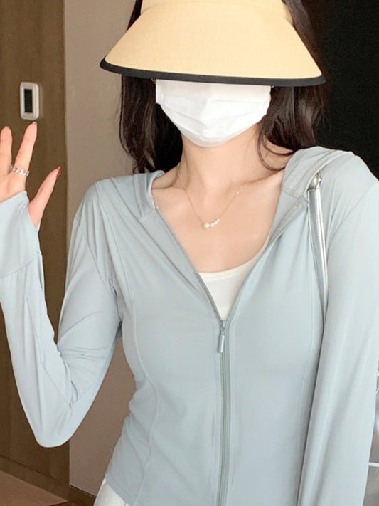 Women'S Lightweight Sun-Protective Ice-Like Breathable Clothing - -Proof Thin Sunscreen Jacket with Zipper Front, Round Neck & Side Pockets for Outdoor, Summer Casual Wear, Clothing, Minimalist Design, Skinfriendly Material