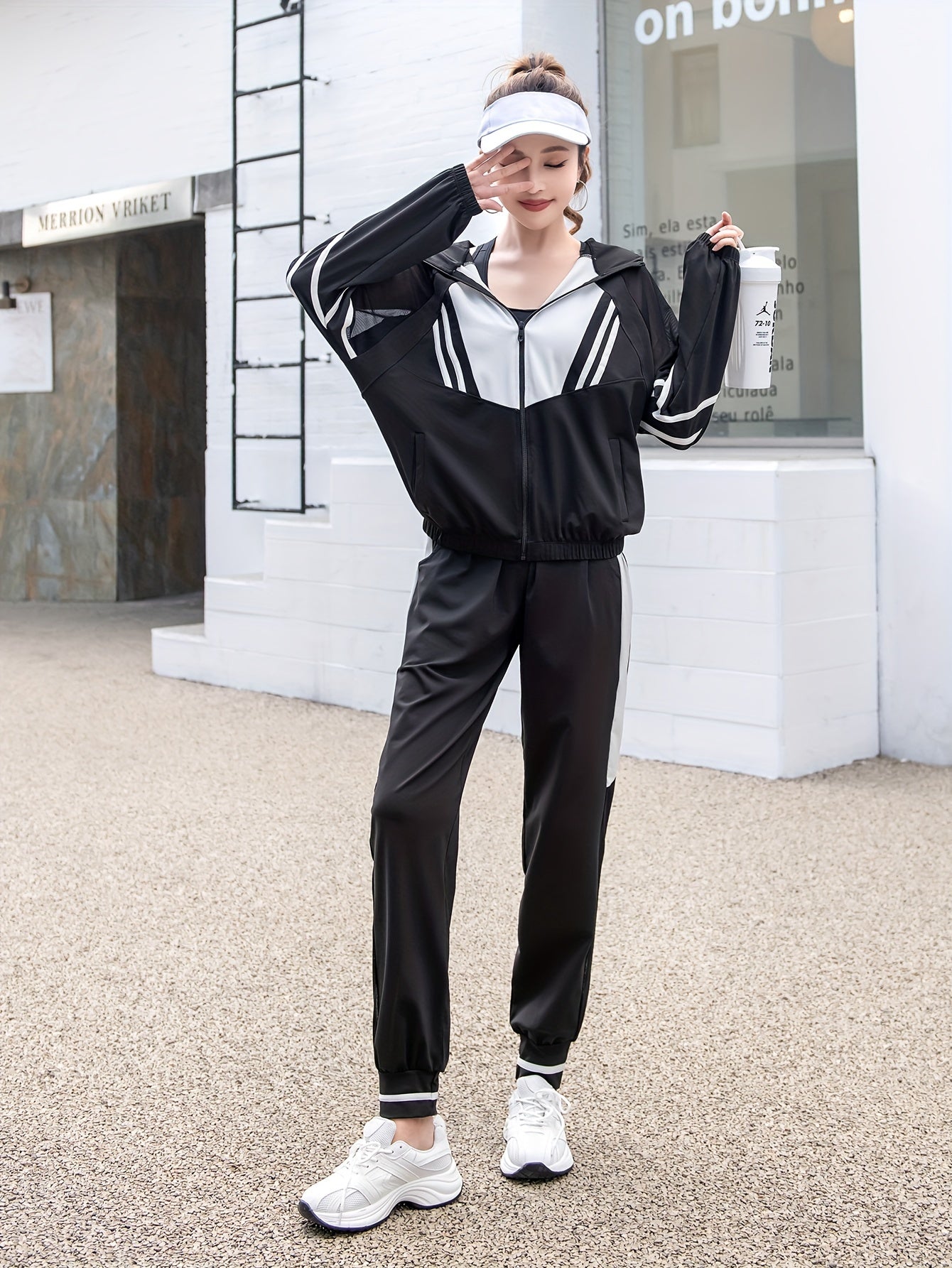 Women's Loose Casual Sportswear Set with Hooded Top, Mesh Patchwork Long Sleeve Jacket and Pants Two-Piece