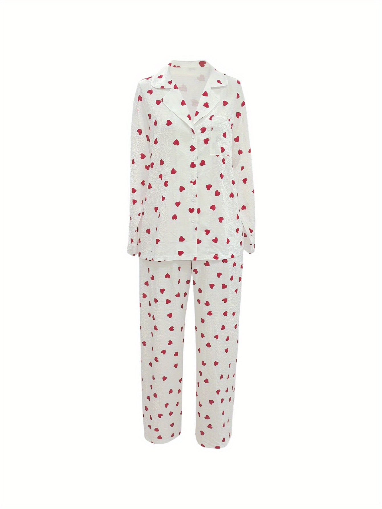 Women'S Elegant Long Sleeve Pajama Set with Heart Pattern - Soft Polyester, Perfect for Spring and Summer, Relaxed Fit, Lightweight & Breathable, Comfortable Clothing | Relaxed Fit Pants | Polyester Fabric